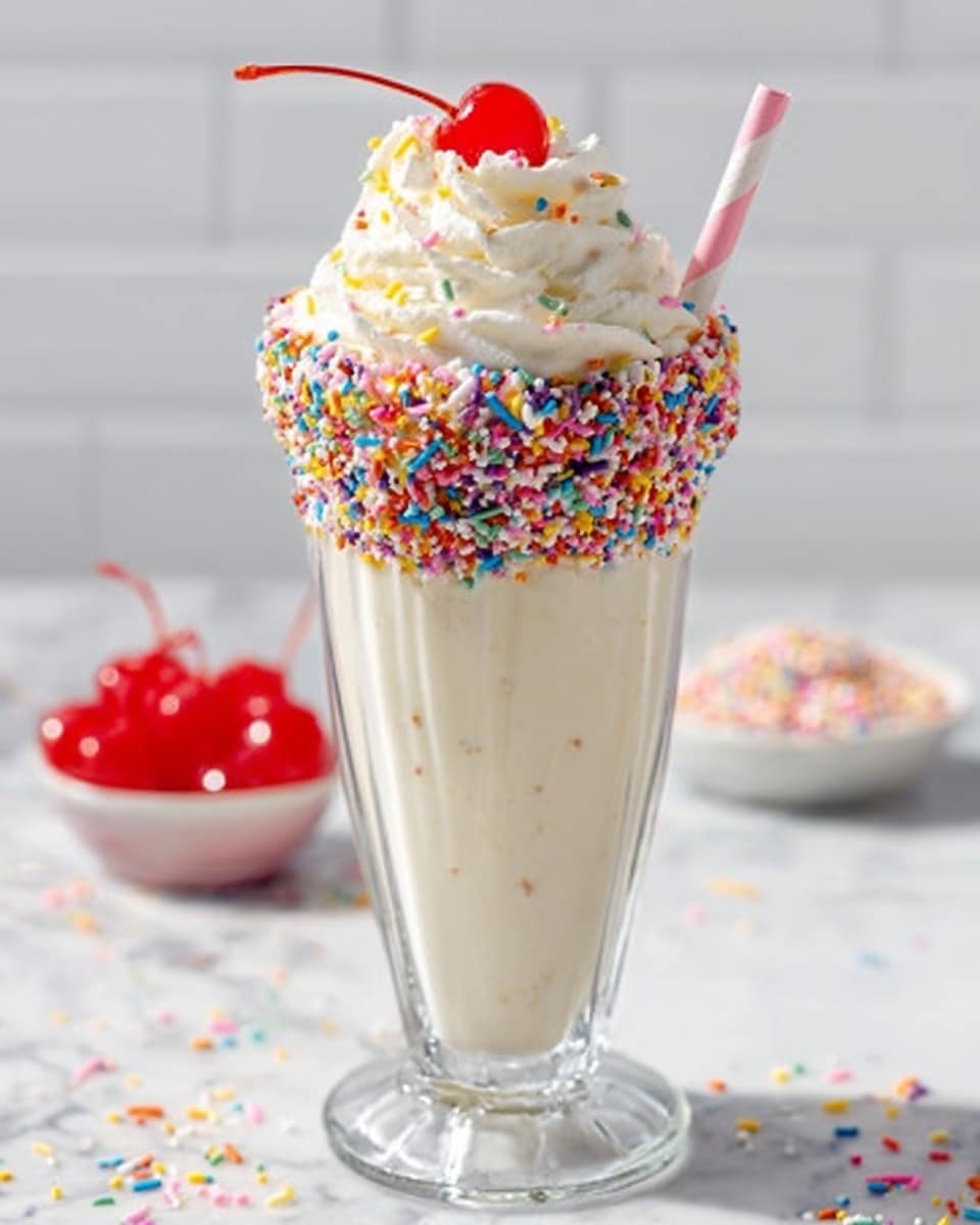 Tall white glass filled with a complete vanilla milkshake, rim fully coated with colorful rainbow sprinkles, topped with a generous swirl of whipped cream and a single bright red maraschino cherry, shown in a full uncut presentation on a white marble surface, captured from a 3/4 angle with natural lighting, styled as a professional hero shot from a food magazine — photo taken with an iphone --ar 4:5 --v 7