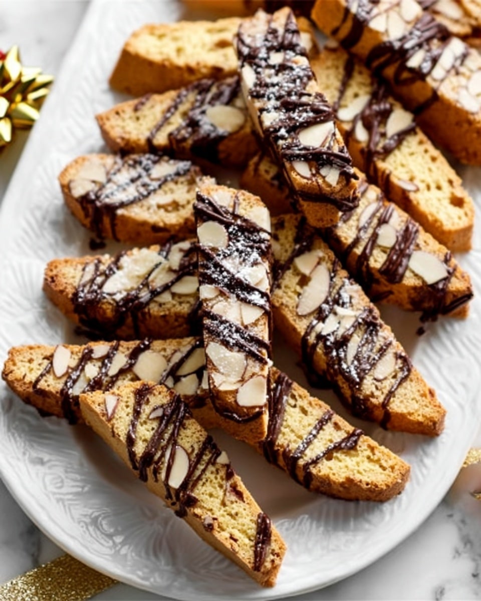 A large white rectangular platter showcasing a full batch of golden-baked biscotti, each piece generously studded with slivered almonds and drizzled with an even layer of rich dark chocolate, arranged in neat rows to highlight their crisp texture and festive presentation, styled on a pristine white marble surface with natural lighting emphasizing the glossy chocolate details, professional food magazine hero shot taken with an iphone --ar 4:5 --v 7