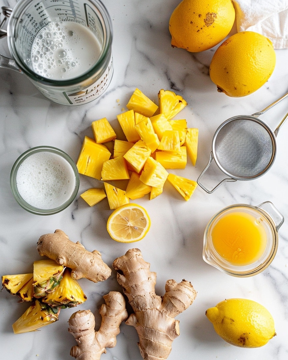 Single white plate with a small, clear glass vial filled with bright yellow fresh juice, placed upright with a cork stopper, close-up angle highlighting the smooth, vibrant liquid texture inside the vial, next to fresh ginger root, ripe lemon, and a large pineapple in soft focus, natural lighting casting subtle shadows on a white marble surface, styled like a food blog shot ready to consume, photo taken with an iphone --ar 4:5 --v 7