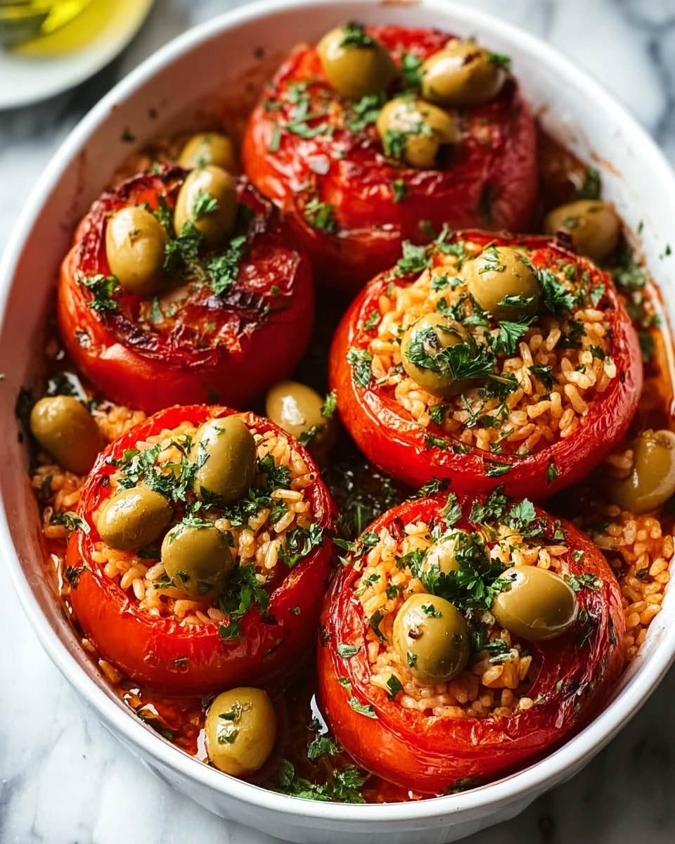 White oval baking dish filled with a full batch of vibrant stuffed tomatoes, each tomato hollowed and generously filled with seasoned rice, topped with whole green olives and a sprinkling of fresh chopped parsley, glistening with a light drizzle of olive oil and roasted to perfection, arranged evenly in the pan showcasing their bright red skins and savory filling, whole dish positioned on a white marble countertop under natural lighting, professional food magazine hero shot, photo taken with an iphone --ar 4:5 --v 7