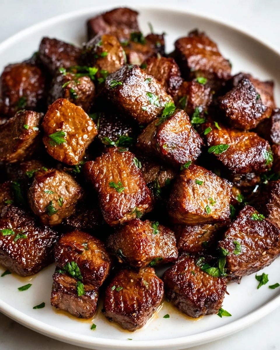 Large white serving plate filled with a generous pile of perfectly seared, golden-brown beef steak bites, glistening with a rich caramelized crust and sprinkled with fresh chopped parsley for a vibrant touch, showing the entire succulent dish arranged in an appetizing heap, photographed from a professional 3/4 angle on a white marble surface with natural lighting, styled like a hero shot from a food magazine, photo taken with an iphone --ar 4:5 --v 7
