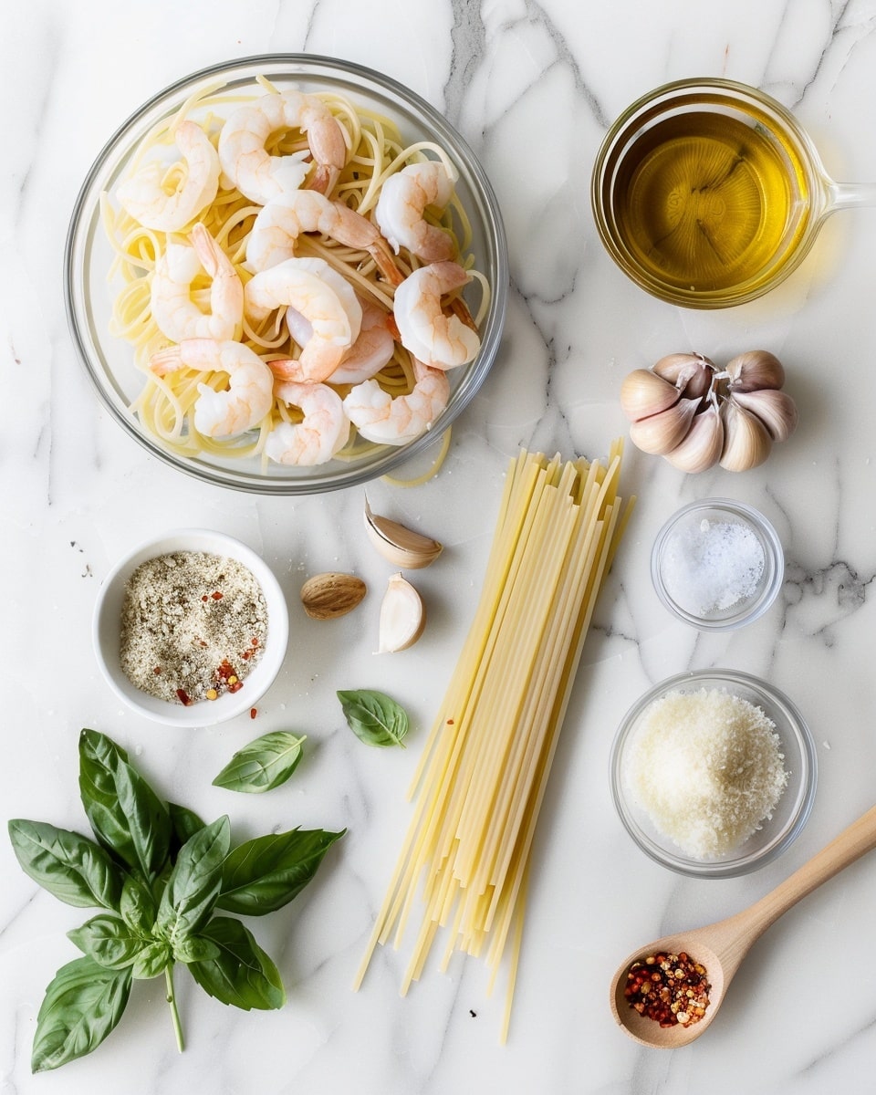 Single white plate showcasing one serving of spaghetti tossed in vibrant green pesto, topped with plump, perfectly cooked shrimp sprinkled with crushed pistachios and freshly grated Parmesan cheese, close-up angled shot emphasizing the glossy pasta, zucchini ribbons, and tender shrimp textures, all on a white marble surface with natural lighting, styled for a food blog presentation, photo taken with an iphone --ar 4:5 --v 7