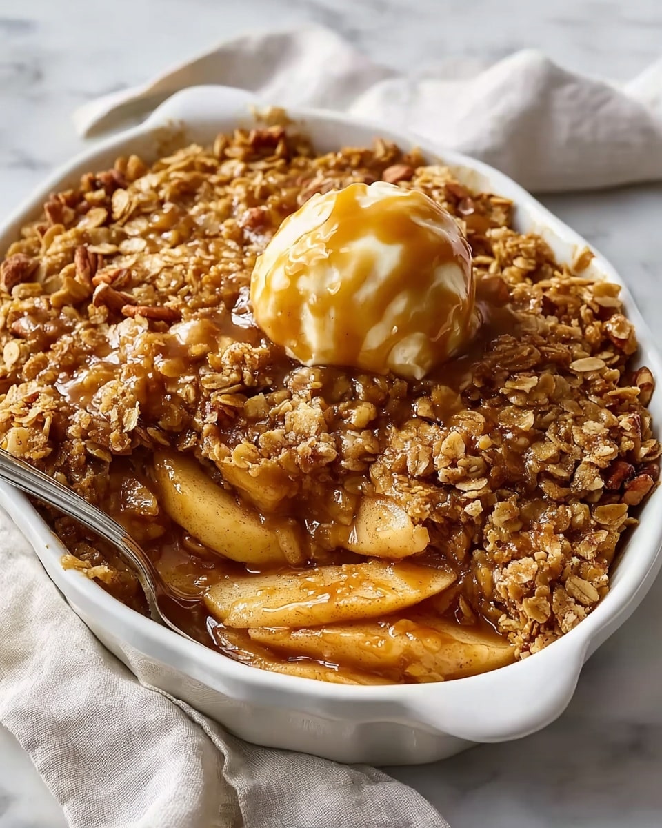 Large white ceramic baking dish filled with a freshly baked apple crisp, featuring a golden-brown oat and pecan streusel topping, bubbling cinnamon-spiced apple slices visible underneath, the crumble glistening with sticky caramel glaze, whole dish presented on a white marble countertop with natural lighting, professional food magazine hero shot photo taken with an iphone --ar 4:5 --v 7