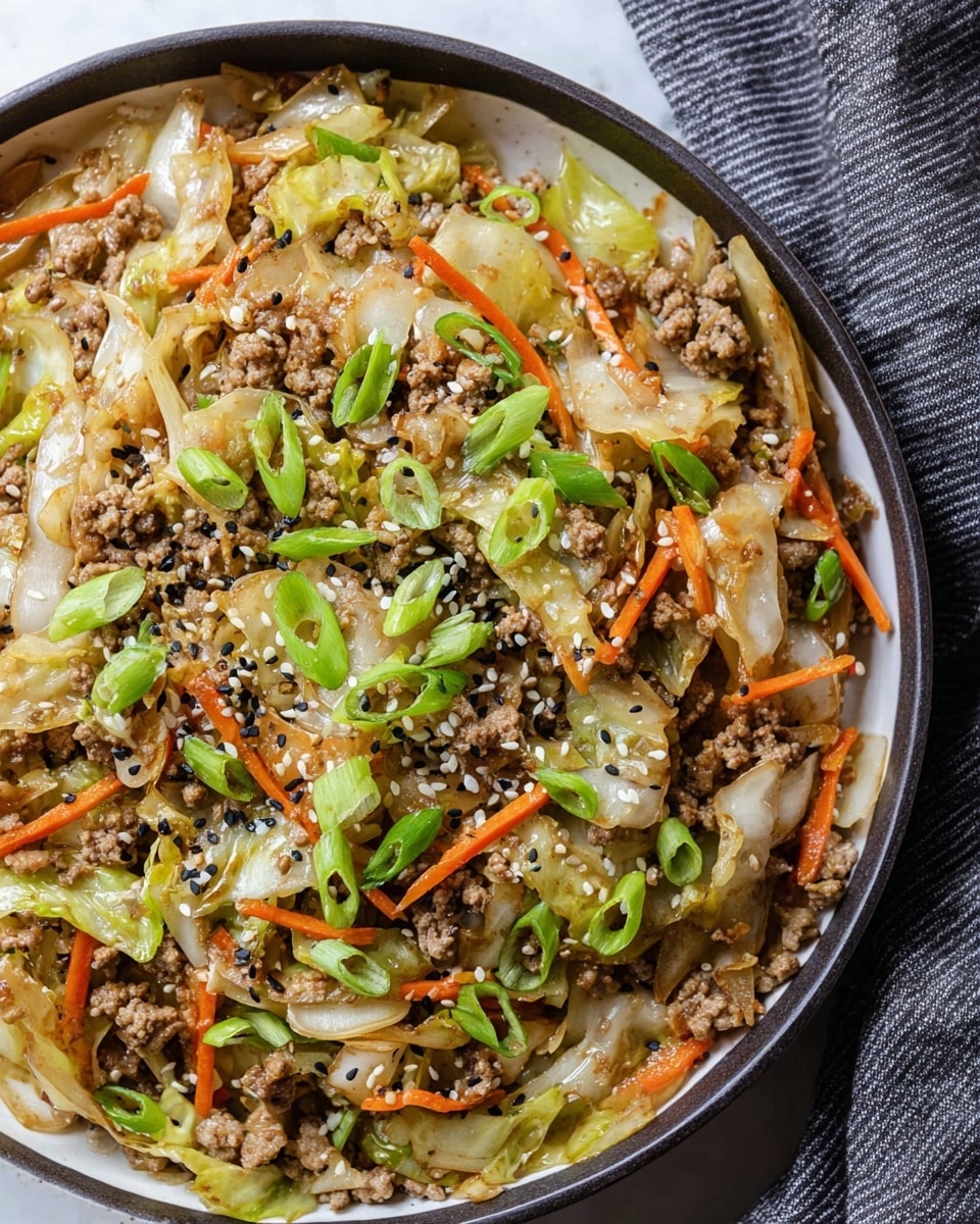 Large white bowl filled with a generous serving of stir-fry featuring tender ground meat mixed with sautéed cabbage, thin julienned carrots, and chopped green onions, garnished with sesame seeds and freshly cracked black pepper, all presented in a vibrant and appetizing arrangement, photographed at a 3/4 angle on a white marble countertop with natural lighting, professional food styling photo taken with an iphone --ar 4:5 --v 7