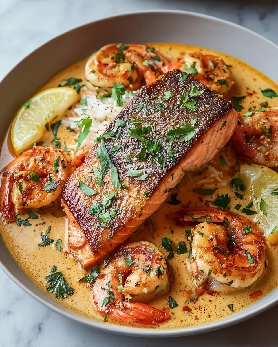 Large white serving bowl filled with creamy shrimp and salmon seafood stew, featuring a generous whole salmon fillet perfectly seared with a golden crust in the center, surrounded by plump grilled shrimp immersed in rich, seasoned sauce, garnished with fresh chopped parsley and lemon wedges on the side, styled under natural lighting on a white marble countertop, professional food magazine hero shot, photo taken with an iphone --ar 4:5 --v 7