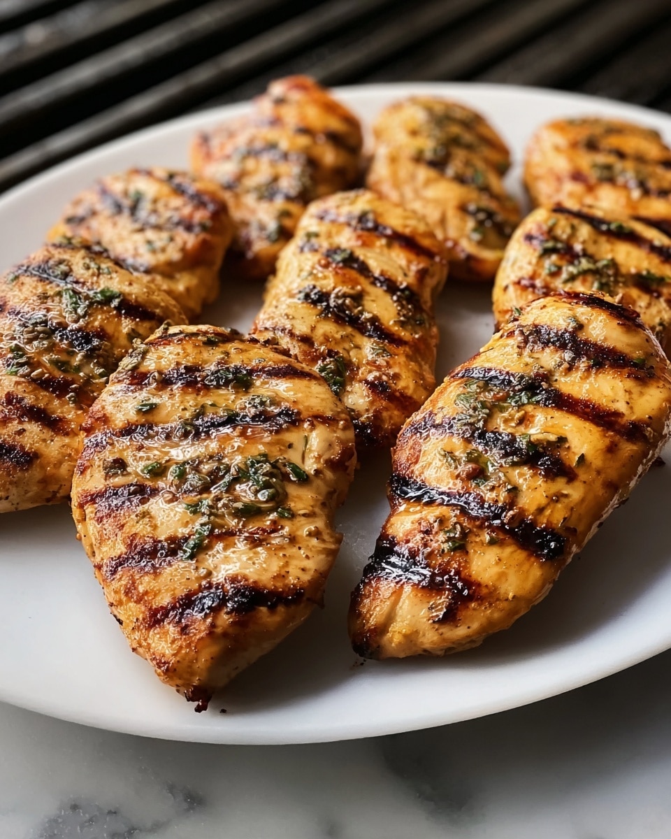 Multiple juicy grilled marinated chicken fillets with visible herbs and spices, sizzling with perfect char marks, arranged on a large white platter, showcasing the entire batch ready to serve, photographed at a 3/4 angle on a white marble countertop with natural lighting, professional food styling, photo taken with an iphone --ar 4:5 --v 7