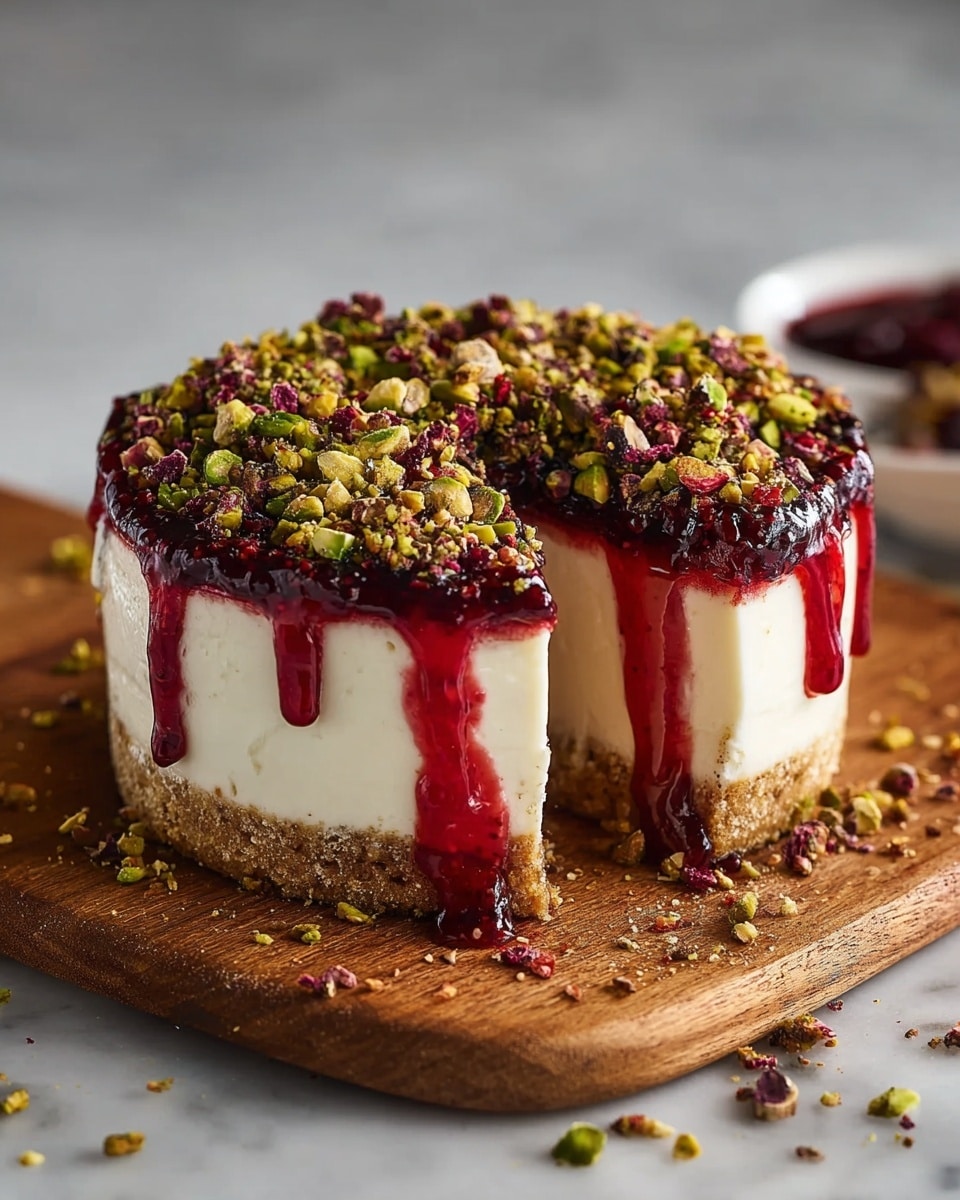 A whole round cheesecake on a white serving plate, featuring a thick, creamy white base with a dense graham cracker crust. The top layer is a glossy, vibrant red berry compote dripping slightly over the edges, generously topped with a crunchy mix of chopped pistachios and dried berries. The entire cake is showcased from a 3/4 angle on a white marble surface, beautifully lit with natural light to highlight the textures and colors, styled as a hero food shot from a magazine. Photo taken with an iphone --ar 4:5 --v 7