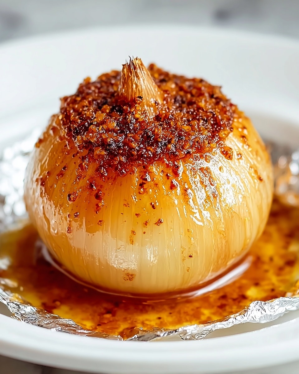 Large white serving dish filled with multiple whole roasted stuffed onions, each onion golden and glistening with spiced, caramelized filling topped with cracked black pepper and chili flakes, surrounded by a rich, flavorful sauce pooling on the plate, arranged neatly in a group to showcase the complete dish, photographed from a 3/4 angle on a white marble countertop with natural lighting, professional food styling photo taken with an iphone --ar 4:5 --v 7