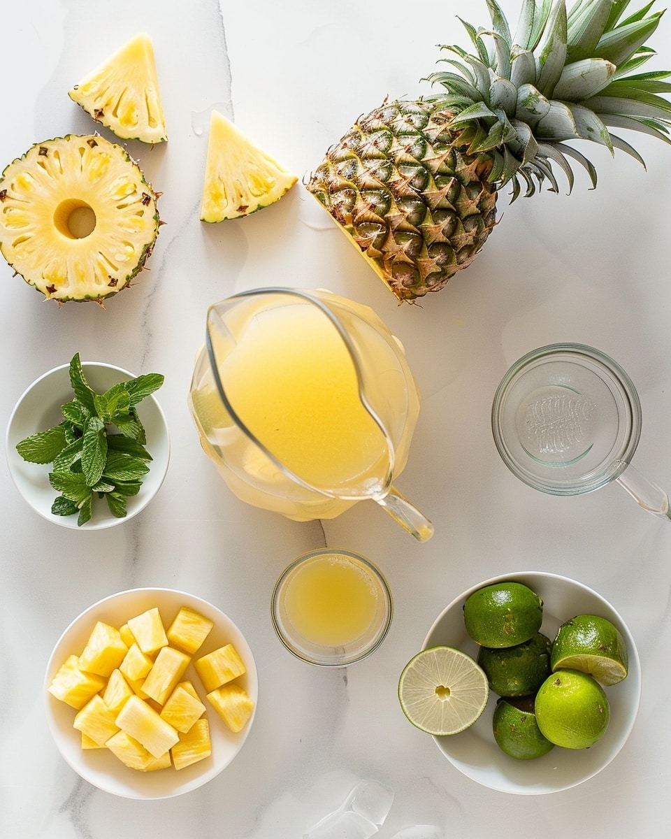 Single white tall glass filled with a refreshing portion of bright yellow pineapple lemonade, ice cubes visible inside the drink, garnished with a fresh pineapple wedge and a small sprig of mint on the rim, placed on a white marble surface, close-up shot emphasizing the cool, vibrant texture of the beverage, natural lighting highlighting the condensation on the glass, styled as an individual serving from a food blog, photo taken with an iphone --ar 4:5 --v 7