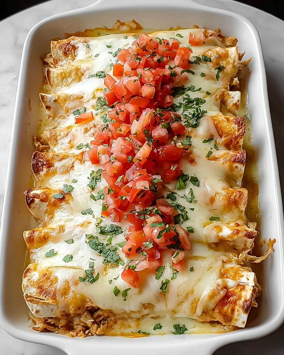 Large white rectangular baking dish filled with fully assembled chicken enchiladas smothered in melted creamy white cheese sauce, topped with finely diced fresh tomatoes and scattered chopped cilantro, enchiladas neatly arranged side by side with slightly crisped tortilla edges, photographed at a 3/4 angle on a white marble countertop, natural lighting, professional food styling photo taken with an iphone --ar 4:5 --v 7