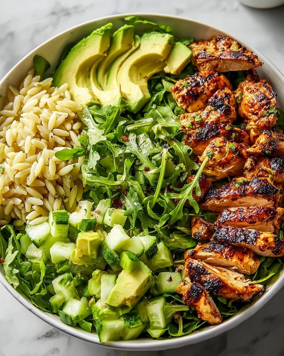 Large white bowl filled with a complete grilled chicken grain bowl featuring perfectly grilled, slightly charred chicken pieces arranged alongside fresh green avocado chunks, vibrant diced cucumber, peppery arugula, and a generous heap of fluffy orzo pasta, all beautifully presented on a white marble surface under natural light, showcasing the entire dish from a 3/4 angle, professional food styling photo taken with an iphone --ar 4:5 --v 7