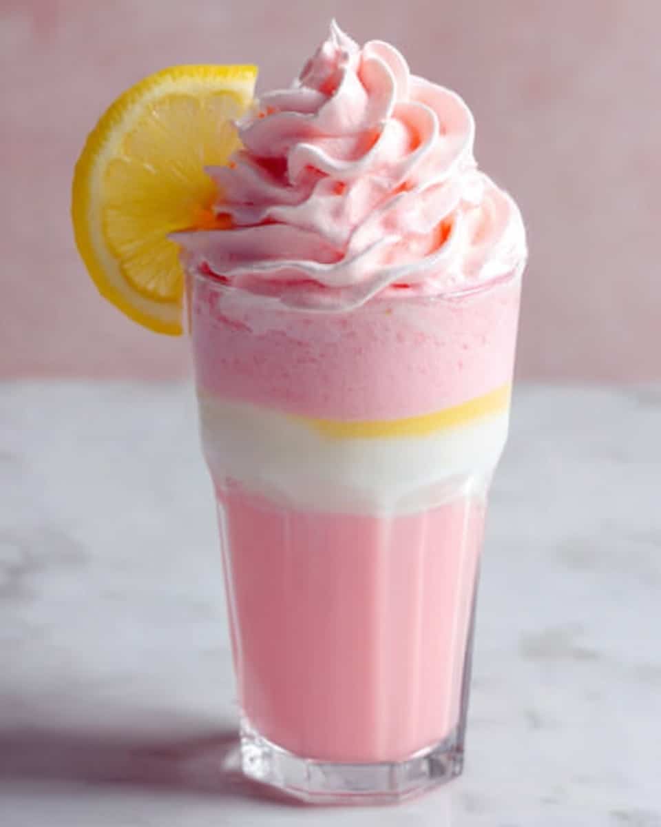 Tall, clear glass filled with a fully assembled pink lemonade milkshake, showcasing distinct layers of bright pink lemonade base, creamy white middle section, and topped with an abundant swirl of fluffy pink whipped cream, garnished with a thin lemon wedge on the rim, the entire milkshake presented on a white marble surface with natural lighting, styled like a vibrant hero shot in a food magazine, photo taken with an iphone --ar 4:5 --v 7