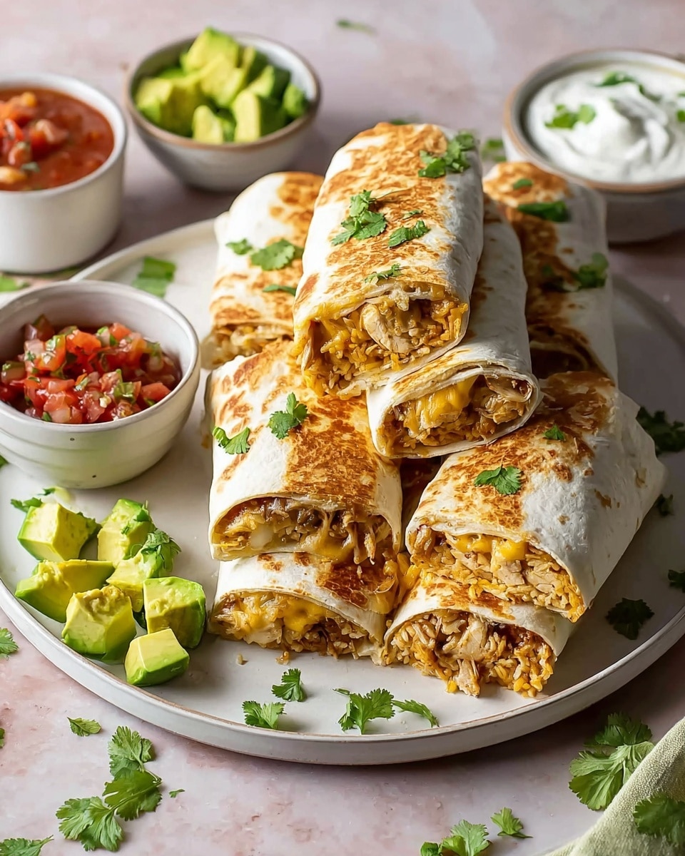 Large white serving platter arranged with whole, freshly made chicken and cheese burritos, each wrapped in perfectly toasted flour tortillas and generously stuffed with tender shredded chicken, melted cheese, and seasoned rice, garnished with fresh cilantro and accompanied by small bowls of vibrant salsa and diced avocado, all set on a white marble countertop with natural lighting, professional food styling hero shot, photo taken with an iphone --ar 4:5 --v 7
