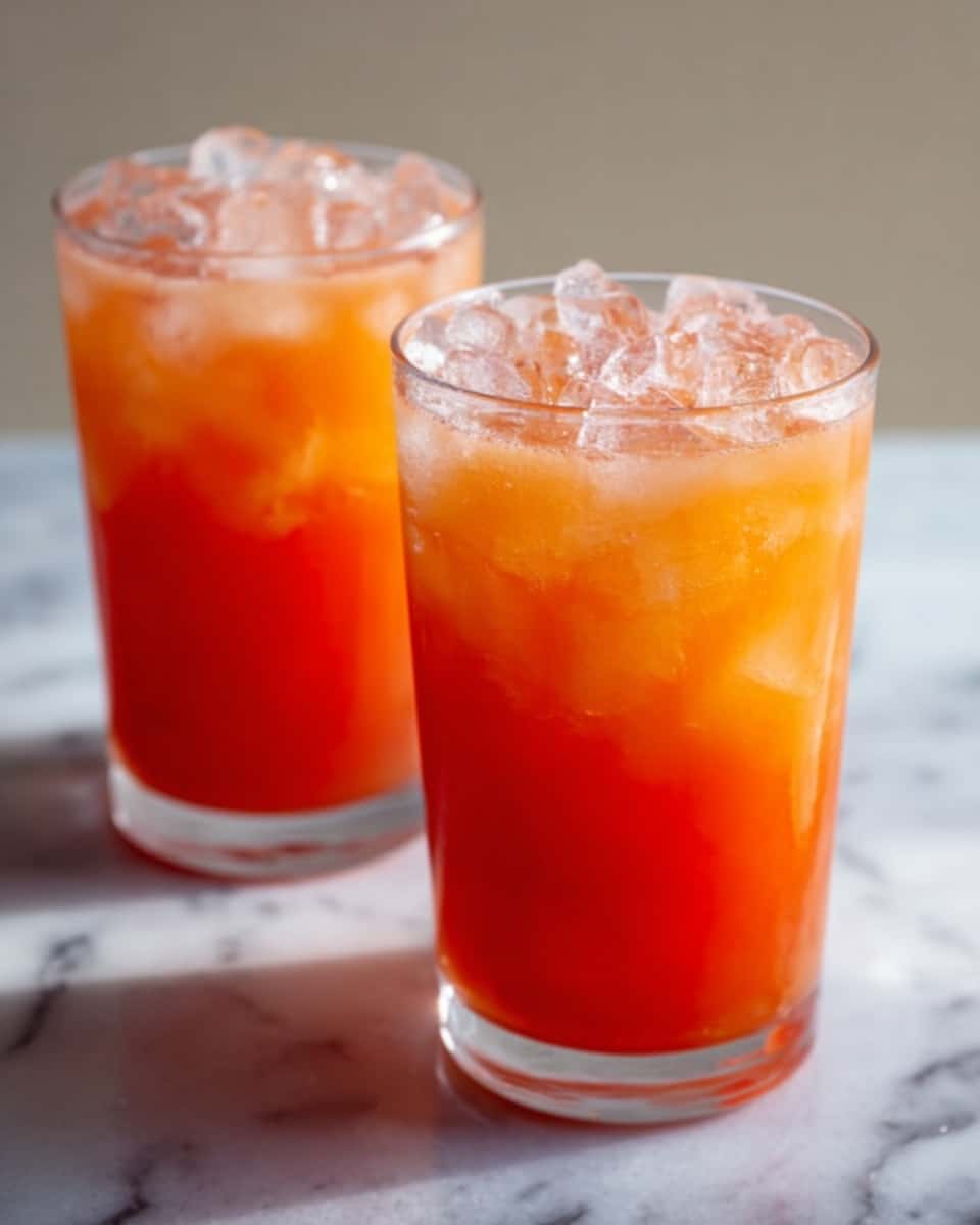 Two clear white glasses filled with a vibrant, freshly made orange-red cocktail topped generously with sparkling ice cubes, placed side by side on a smooth white marble surface, showcasing the drink’s gradient of colors from deep orange at the bottom to light translucent at the top, captured in natural lighting with a professional 3/4 angle shot, evoking a refreshing and inviting atmosphere, photo taken with an iphone --ar 4:5 --v 7
