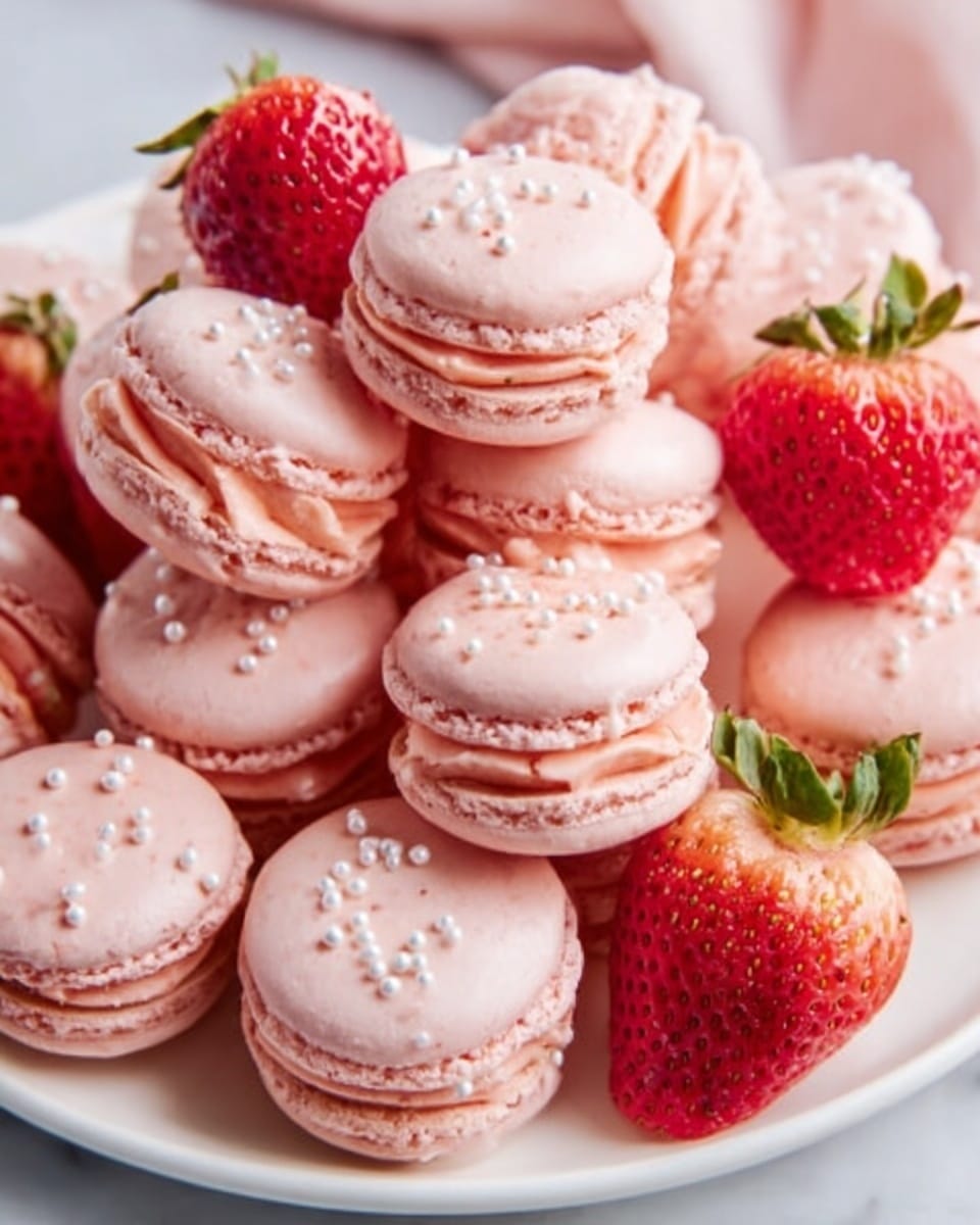 A large white serving platter filled with a complete batch of delicate pink macarons, each filled with creamy strawberry-flavored ganache, elegantly arranged alongside whole fresh strawberries for vibrant color contrast, garnished with small white sugar pearls sprinkled across the macarons, showcasing the entire collection in a professional 3/4 angle shot on a white marble surface with natural lighting, styled for a food magazine hero image; photo taken with an iphone --ar 4:5 --v 7