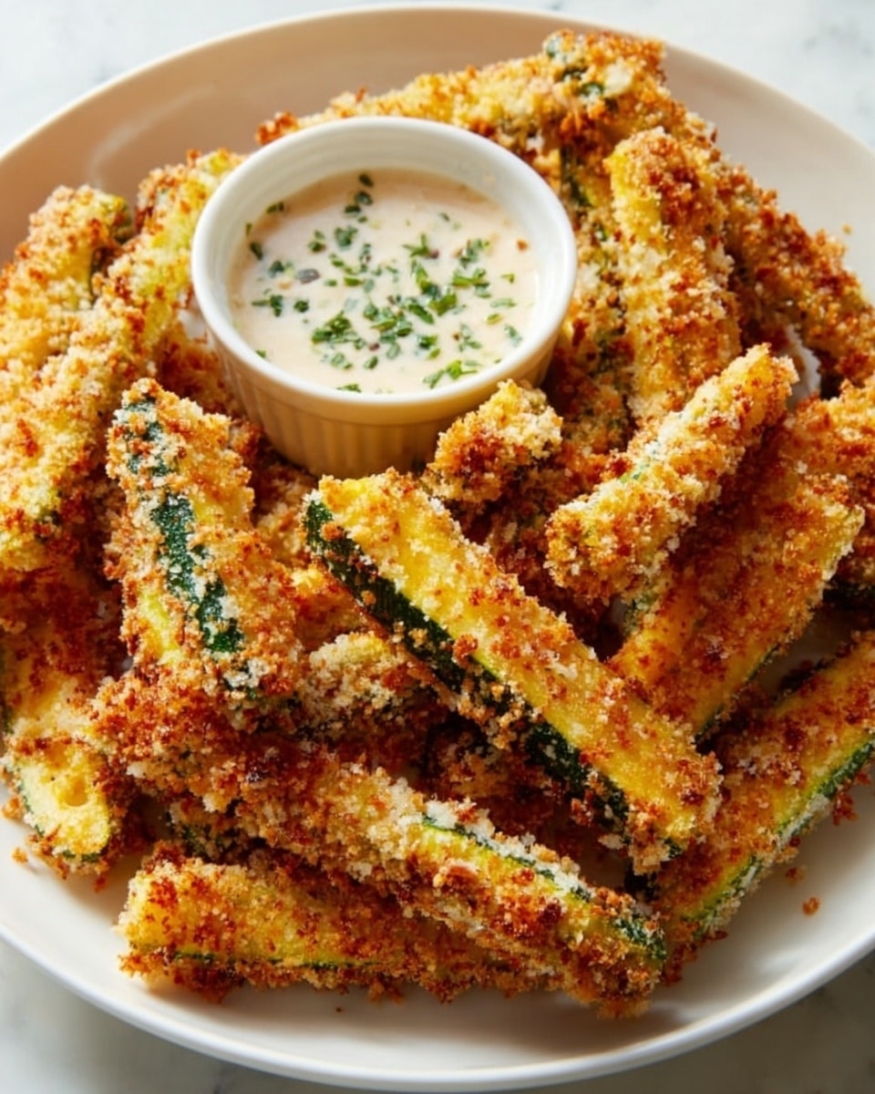 Large white shallow serving bowl filled with a generous heap of crispy, golden-brown baked zucchini fries coated in crunchy seasoned breadcrumbs, arranged around a small white ramekin of creamy, herb-garnished dipping sauce, set on a white marble countertop with natural lighting, photographed from a 3/4 angle like a hero shot from a food magazine, photo taken with an iphone --ar 4:5 --v 7