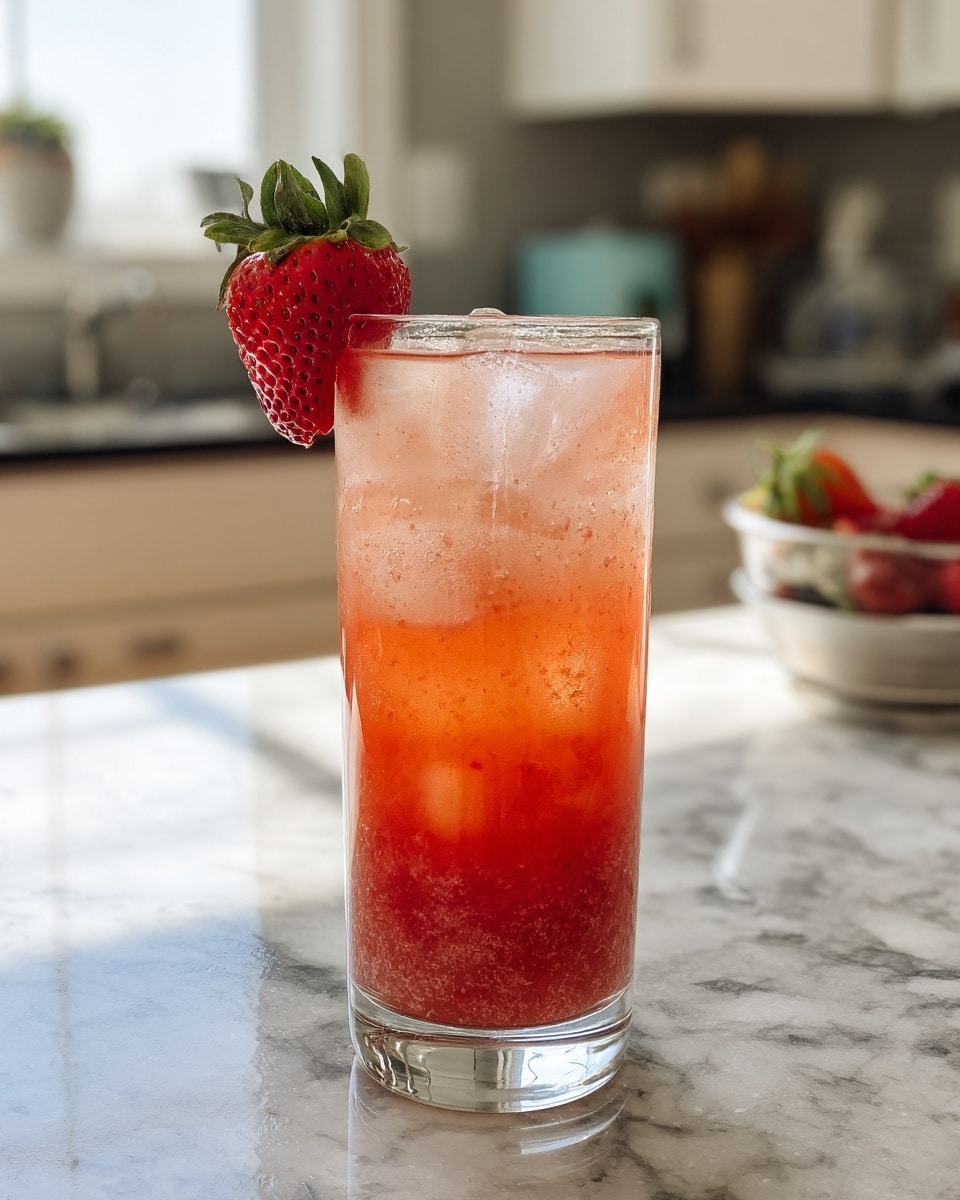 Tall clear glass filled with a full strawberry lemonade drink, showing the layers of crushed strawberry puree at the bottom and chilled lemonade with ice cubes above, garnished with a fresh whole strawberry perched on the rim, presented on a white marble countertop with natural light highlighting the refreshing texture and vibrant colors, professional food styling photo taken with an iphone --ar 4:5 --v 7