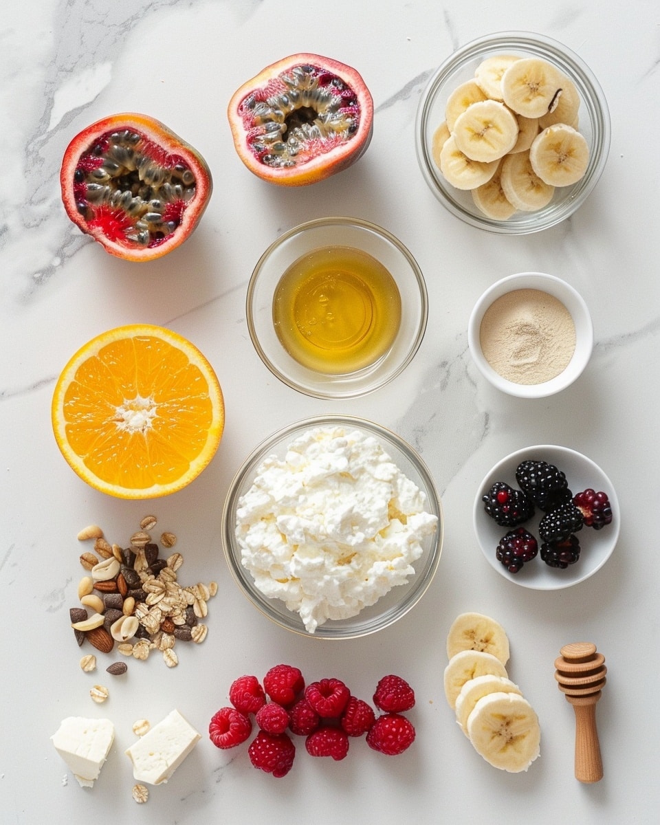 Single white bowl with a close-up view featuring a single serving of creamy cottage cheese topped with vibrant segments of orange and blood orange, halved fresh figs revealing their detailed interior, chunks of glistening honeycomb, crunchy granola sprinkled throughout, and drizzled honey with passion fruit seeds adding texture and color, all arranged beautifully on a clean white marble surface, natural light enhancing the vivid colors and textures, styled food blog shot photo taken with an iphone --ar 4:5 --v 7