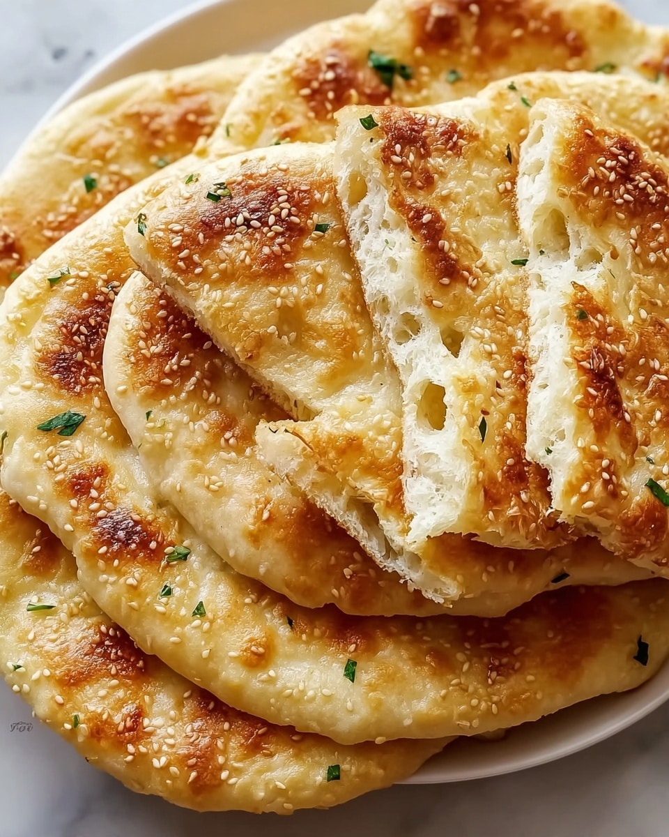 Large white plate holding whole golden-brown flatbreads topped with toasted sesame seeds and small flecks of fresh green herbs, showcasing the fluffy, airy texture and perfectly crisp crust of each uncut bread, arranged neatly to display their enticing, pillowy interiors under natural light on a white marble countertop, professional food styling photo taken with an iphone --ar 4:5 --v 7