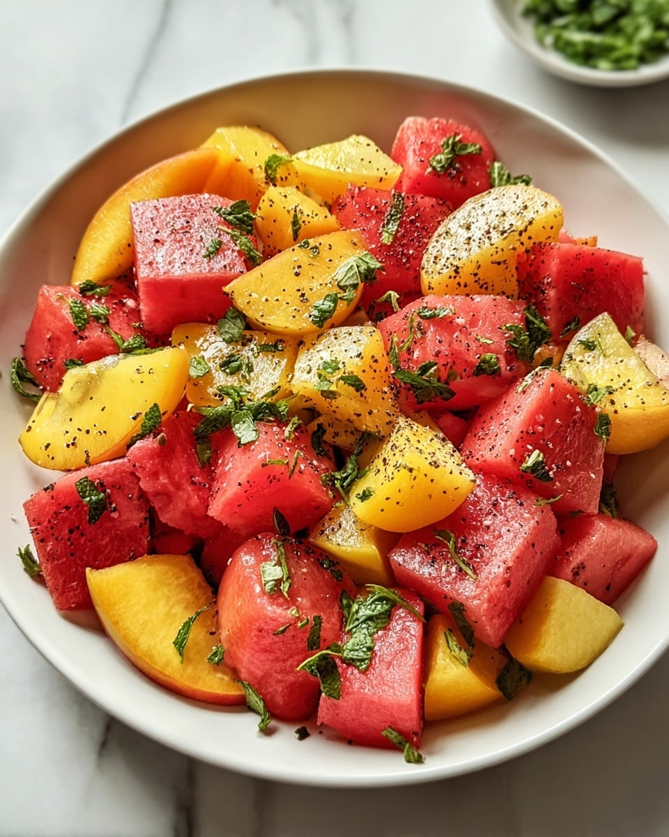 Large white bowl filled with a vibrant summer fruit salad featuring whole chunks of juicy red watermelon and golden yellow peaches tossed together, lightly sprinkled with freshly cracked black pepper and finely chopped fresh herbs for a refreshing twist, entire dish presented from a 3/4 angle on a white marble countertop, natural light illuminating the rich colors, professional food styling photo taken with an iphone --ar 4:5 --v 7