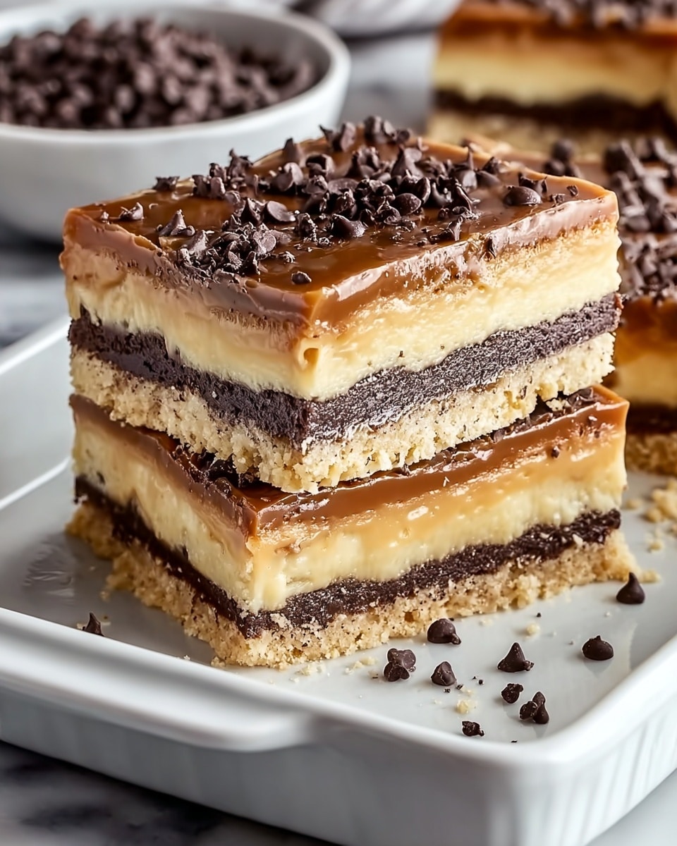 Whole rectangular dessert bar in a white baking pan, showcasing rich layered bars with a crumbly golden crust, a decadent dense chocolate layer, a smooth creamy custard layer, and a glossy caramel topping, generously decorated with a scattering of dark chocolate chips, photographed from a 3/4 angle on a white marble surface with natural lighting, styled like a hero food magazine shot, photo taken with an iphone --ar 4:5 --v 7