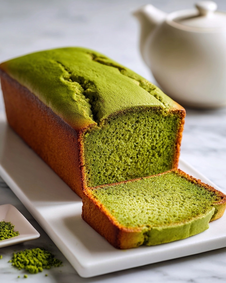 Whole matcha green tea pound cake presented on a large white rectangular platter, showing the entire loaf with its smooth, vibrant green top and golden brown edges, perfectly baked with a slight cracked texture on top indicating a tender crumb inside, the whole cake elegantly displayed with no slices removed, resting on a white marble surface under natural lighting, styled as a professional hero shot for a food magazine, photo taken with an iphone --ar 4:5 --v 7