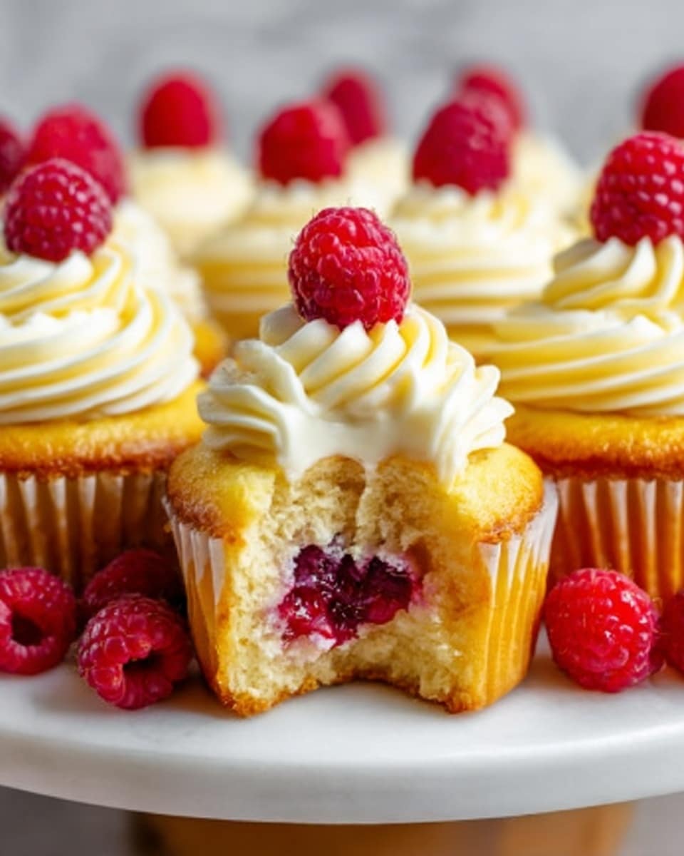 A pristine white platter filled with an array of perfectly baked vanilla cupcakes, each topped with smooth, swirled cream cheese frosting and crowned with a single fresh raspberry, the cupcakes arranged neatly side by side to showcase their full golden tops and lush decoration, set against a clean white marble background with natural lighting highlighting the vibrant colors and textures, styled as a professional hero shot from a food magazine, photo taken with an iphone --ar 4:5 --v 7