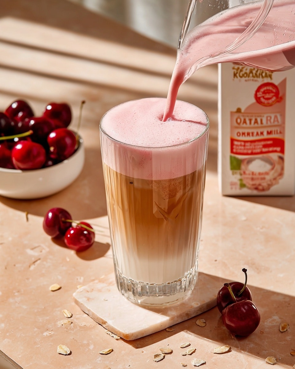 Large white tall glass filled with iced latte topped with a thick layer of pink cherry-flavored foam being poured from a small glass pitcher, surrounded by fresh cherries in a white container and a carton of oatmilk barista milk on a light beige marble countertop, natural sunlight highlighting the creamy gradient and frothy texture, professional 3/4 angle food magazine hero shot photo taken with an iphone --ar 4:5 --v 7
