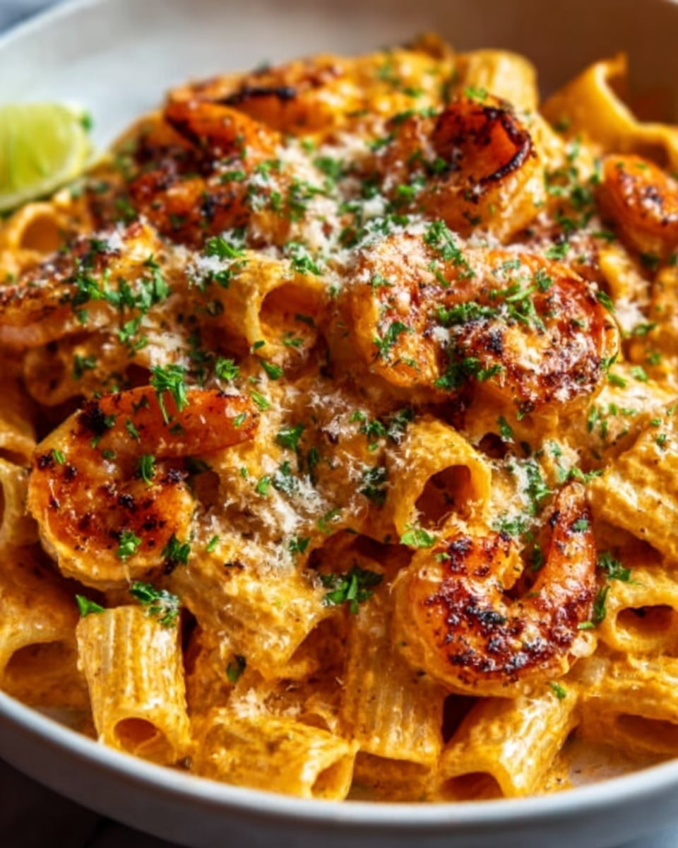 A large white bowl filled to the brim with creamy rigatoni pasta tossed in a rich, orange-hued tomato and cheese sauce, generously topped with perfectly cooked, golden-brown grilled shrimp scattered evenly throughout, garnished with finely chopped fresh parsley and a sprinkling of grated Parmesan cheese, all presented on a white marble surface with natural lighting highlighting the vibrant colors and textures, professional 3/4 angle food magazine style shot, photo taken with an iphone --ar 4:5 --v 7
