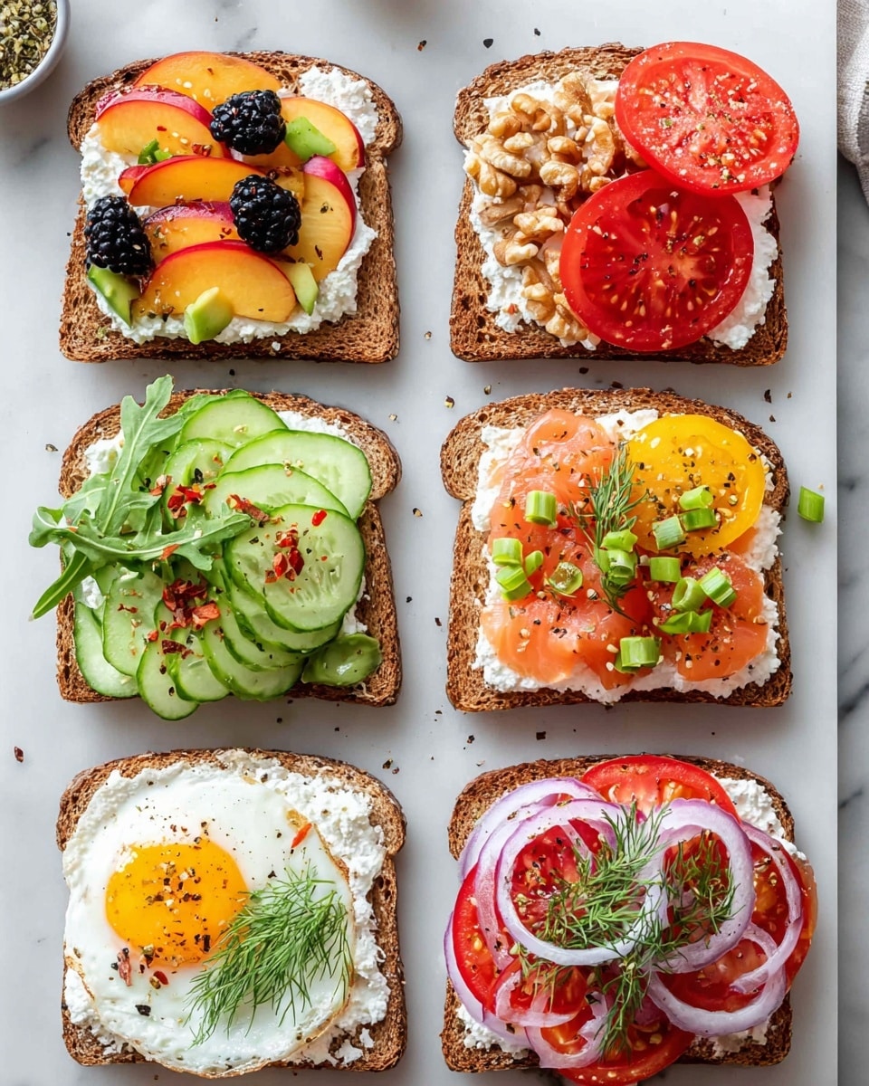 Six square slices of whole grain toast arranged neatly on a large white rectangular platter, each topped with a generous spread of cottage cheese and distinct colorful toppings: fresh peach slices with halved black grapes and chopped walnuts; creamy avocado slices garnished with chopped green onions and red pepper flakes; crisp cucumber rounds paired with fresh arugula leaves; delicate smoked salmon layered with thin red onion slices, capers, and dill sprigs; a sunny fried egg sprinkled with black sesame seeds and green onion; and vibrant red and yellow heirloom tomato slices seasoned with cracked black pepper, all photographed from a 3/4 angle on a white marble countertop with natural lighting, styled as a hero food shot photo taken with an iphone --ar 4:5 --v 7