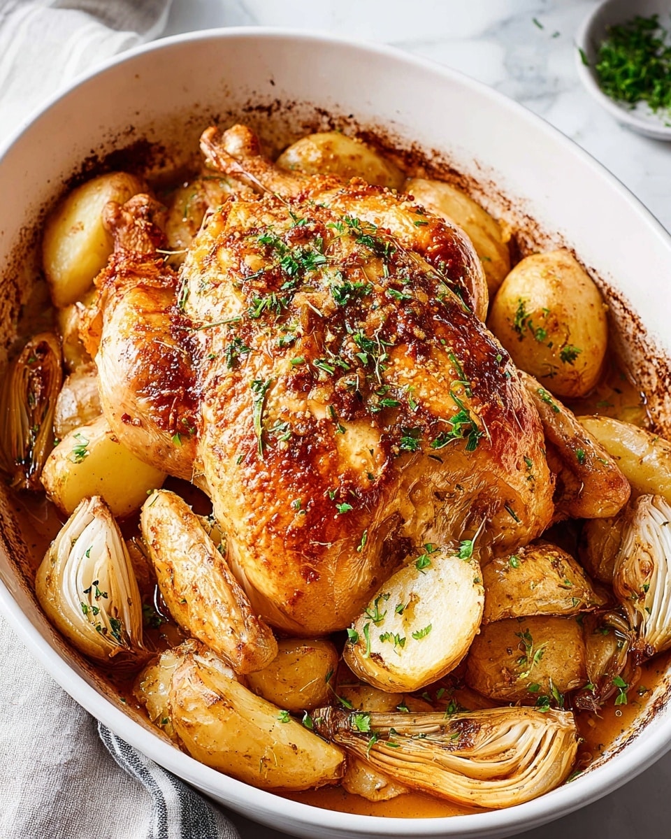Large white oval baking dish filled with a whole golden roasted chicken, seasoned and garnished with finely chopped fresh herbs, surrounded by a generous amount of roasted potatoes and whole fennel bulbs, all glistening with rich pan juices, presented at a 3/4 angle on a pristine white marble countertop, bathed in natural lighting, styled as a professional food magazine hero shot, photo taken with an iphone --ar 4:5 --v 7