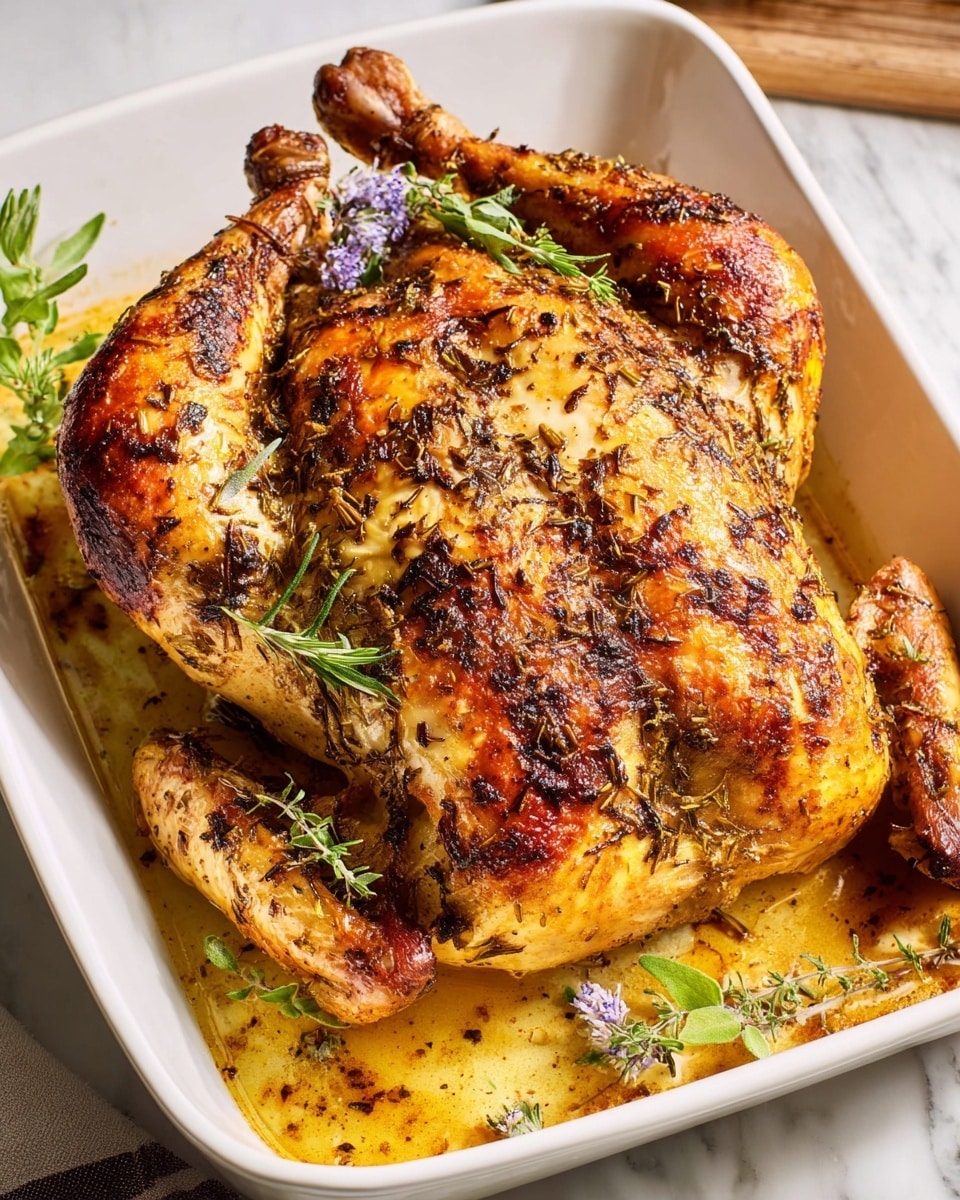 Whole spatchcock roasted chicken presented in a large white rectangular baking dish, skin perfectly golden brown and crisp with a mixture of herbs and spices visibly crusted on top, surrounded by a light pool of savory cooking juices, the entire dish seen from a 3/4 angle on a white marble surface with natural sunlight highlighting the rich textures, styled as a premium food magazine hero shot, photo taken with an iphone --ar 4:5 --v 7