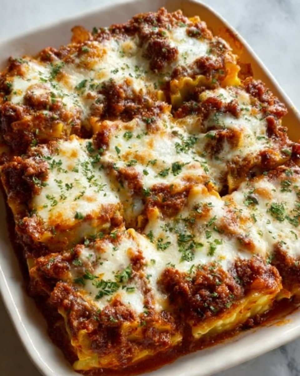 A large white rectangular baking dish filled with a fully baked, golden-brown lasagna rolls layered with rich meat sauce, creamy ricotta, and melted mozzarella cheese, garnished with finely chopped fresh parsley and herbs evenly spread across the entire dish, photographed from a 3/4 angle on a white marble surface with natural lighting, showcasing the whole intact lasagna rolls arranged neatly and steaming, professional food magazine style. photo taken with an iphone --ar 4:5 --v 7