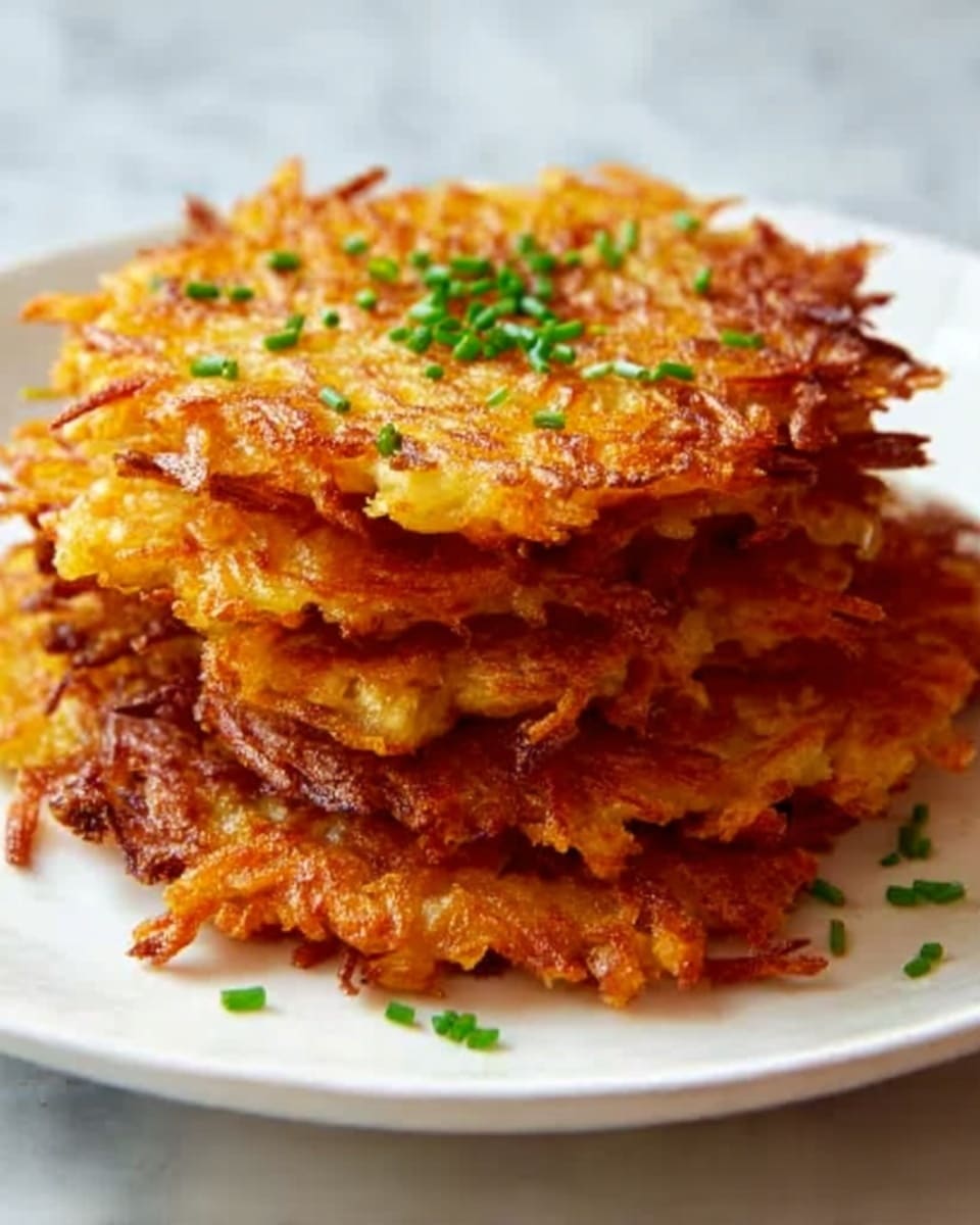 A pristine white round plate showcasing a generous stack of golden, crispy potato latkes perfectly cooked to a rich amber hue, each latke uniformly crispy on the edges with a tender, shredded potato interior, garnished delicately with finely chopped fresh chives scattered on top, arranged harmoniously to fill the entire plate, photographed from a 3/4 angle on a white marble countertop under natural lighting, styled as a vibrant, appetizing hero shot for a food magazine, photo taken with an iphone --ar 4:5 --v 7
