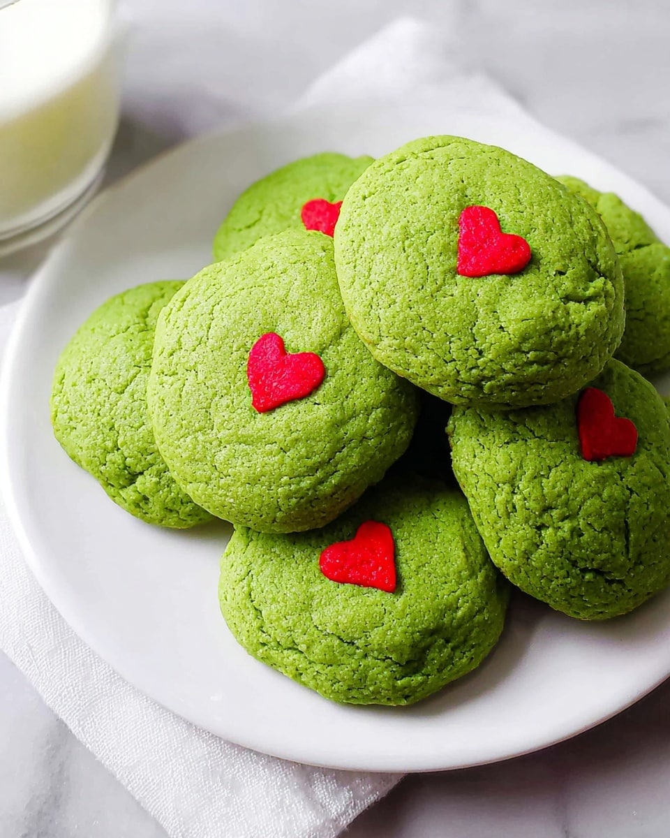 Large white plate overflowing with a dozen vibrant green matcha cookies, each topped with a small red heart-shaped decoration, arranged neatly together to showcase their soft texture and rich color, the whole scene set on a white marble countertop with natural lighting capturing the freshness and inviting appeal, professional food styling photo taken with an iphone --ar 4:5 --v 7
