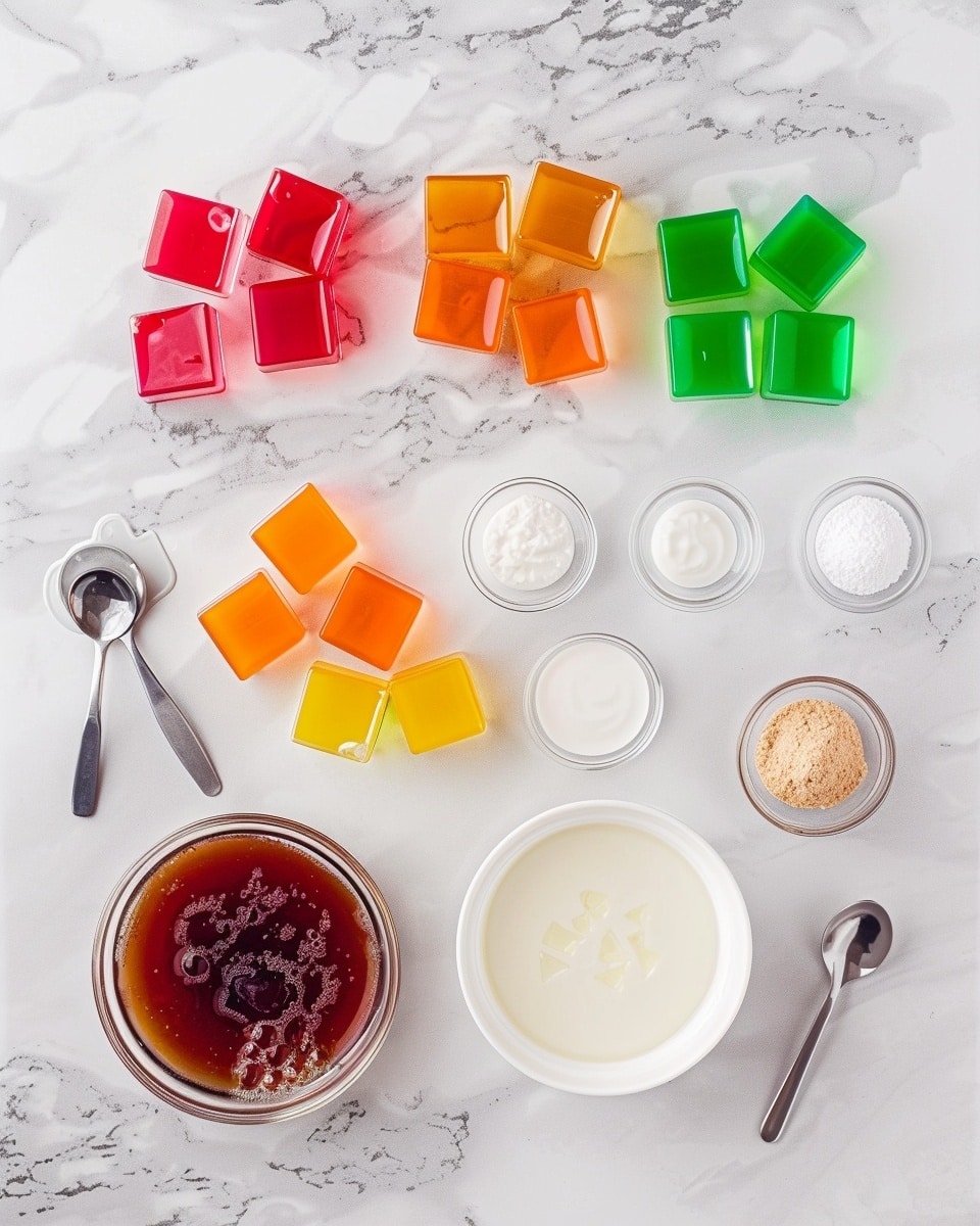 Single white plate featuring one square slice of vibrant mosaic gelatin dessert showcasing multicolored translucent cubes suspended in creamy white gelatin, close-up angle highlighting the glossy, smooth cross-section with distinct colorful layers and pieces, placed on white marble surface with natural lighting, styled as an individual plated serving from a food blog, photo taken with an iphone --ar 4:5 --v 7