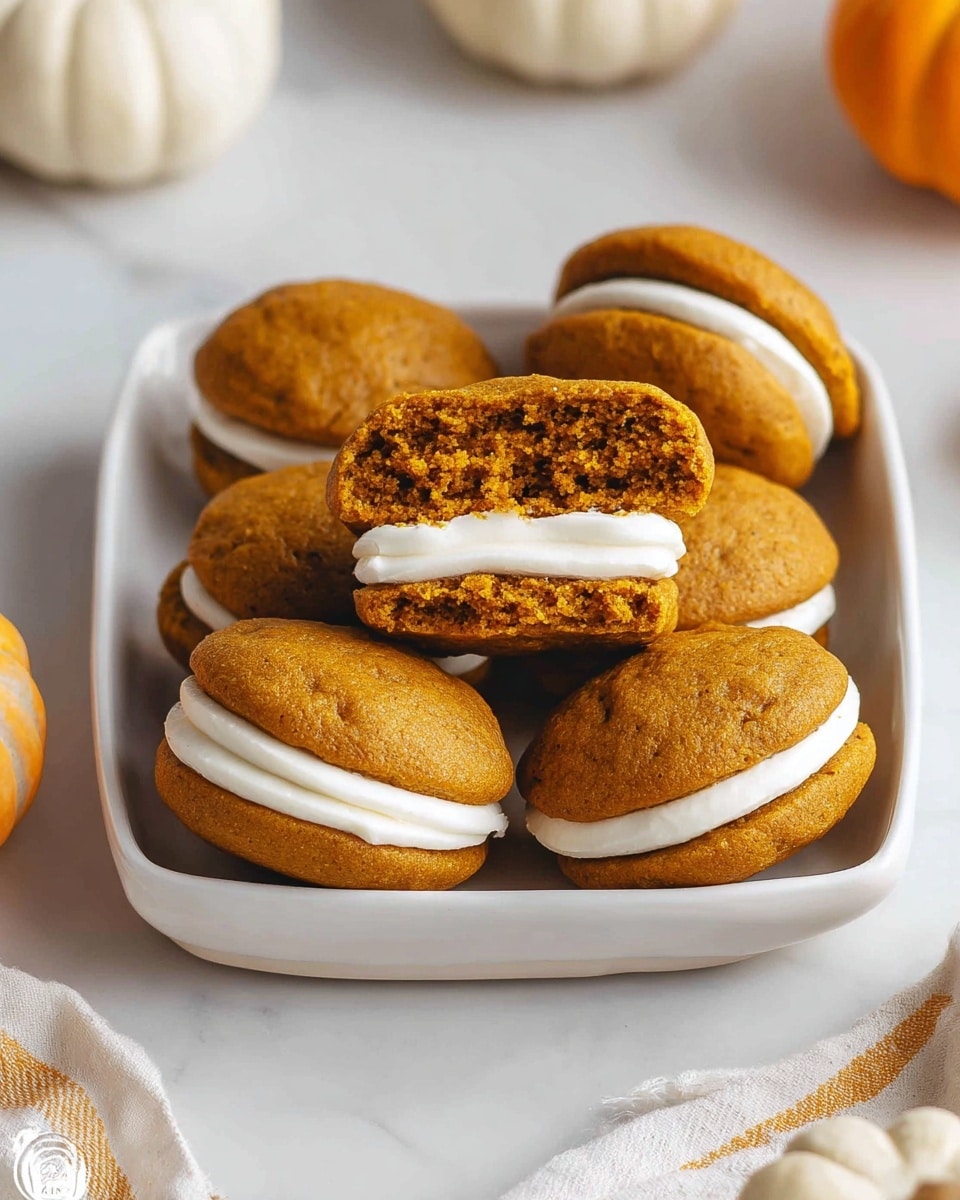 White rectangular baking dish filled with a dozen pumpkin whoopie pies, each sandwiching a thick layer of creamy white frosting, the soft, moist pumpkin cakes perfectly round and evenly baked, arranged neatly on natural brown parchment paper. Surrounding the dish are autumnal accents like small pumpkins and cinnamon sticks, all set on a pristine white marble surface with natural daylight highlighting the rich orange hues and smooth frosting texture, professional food magazine hero shot, photo taken with an iphone --ar 4:5 --v 7