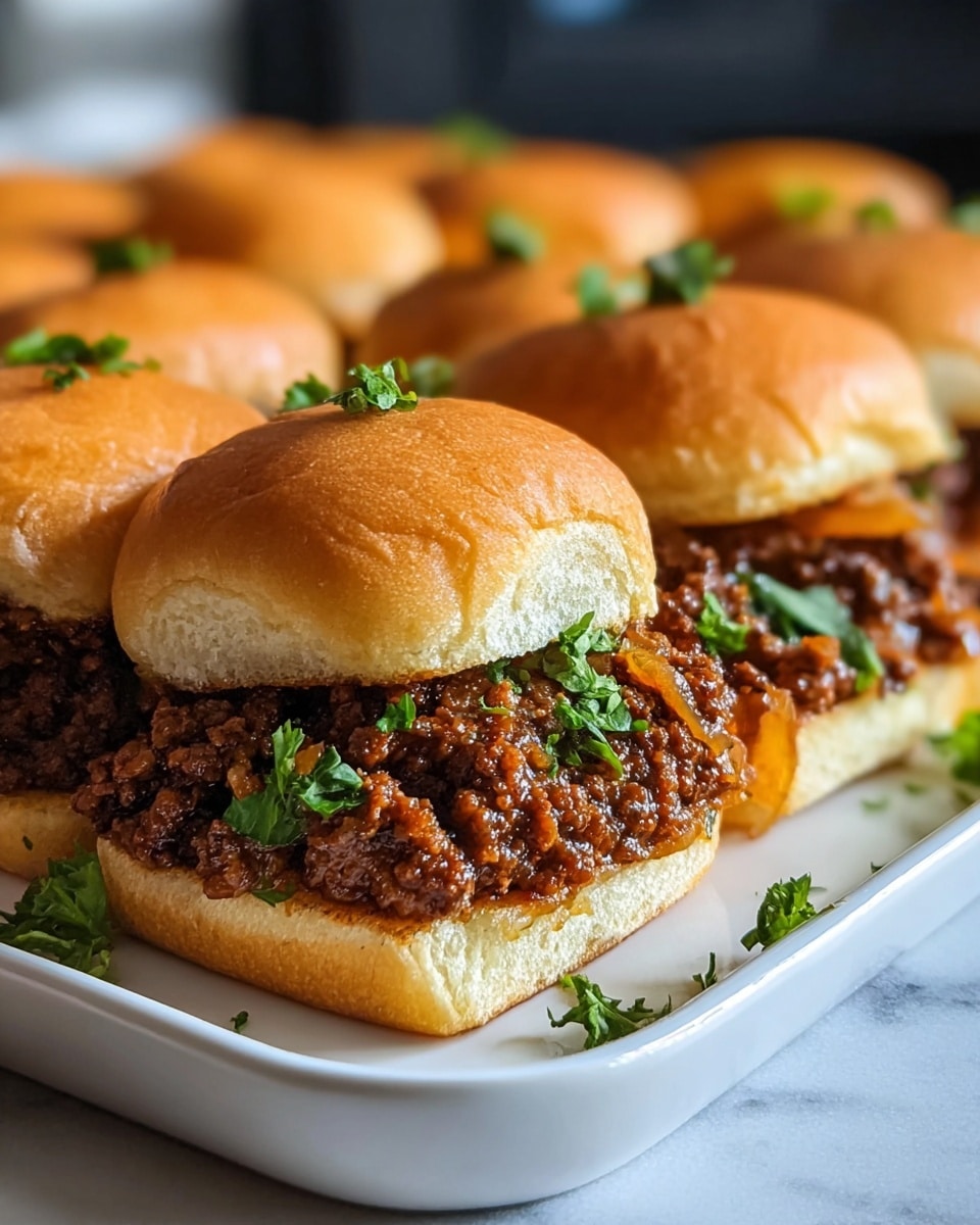 A white rectangular platter filled with a full batch of freshly assembled sloppy joe sliders, showcasing soft golden slider buns topped with generously sauced seasoned ground beef mixed with sautéed onions, garnished with fresh chopped parsley, all sliders neatly arranged in rows, photographed at a 3/4 angle on a white marble countertop with natural lighting, professional food styling photo taken with an iphone --ar 4:5 --v 7