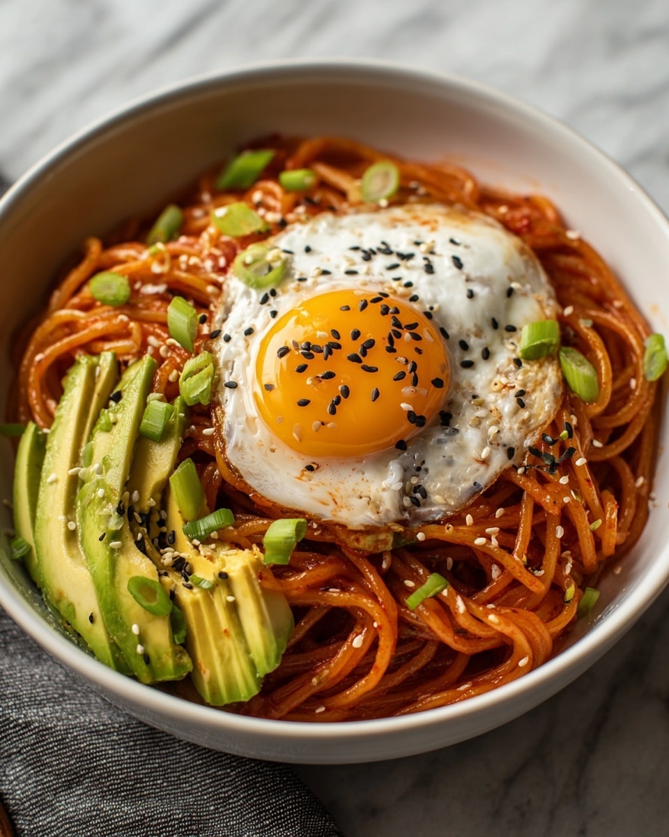 Large white bowl filled with a generous serving of spicy Korean-style noodles, beautifully coated in a rich red sauce and topped with a perfectly cooked sunny-side-up egg sprinkled with black and white sesame seeds, accompanied by fresh green scallion rings and sliced avocado sprinkled with sesame, whole dish presented in a pristine white bowl photographed from a 3/4 angle on a white marble countertop, professional natural lighting, food magazine hero shot photo taken with an iphone --ar 4:5 --v 7