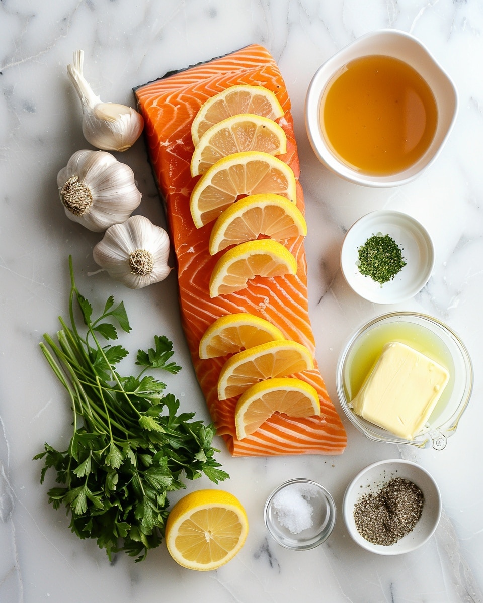 Single white plate featuring a perfectly cooked salmon fillet portion, glistening with buttery lemon sauce, vibrant green parsley sprinkled on top, side of fresh lemon wedges, close-up angled shot capturing the tender, flaky interior texture and seared crust, placed on a white marble surface with natural lighting, styled as a ready-to-eat elegant plated serving photo taken with an iphone --ar 4:5 --v 7