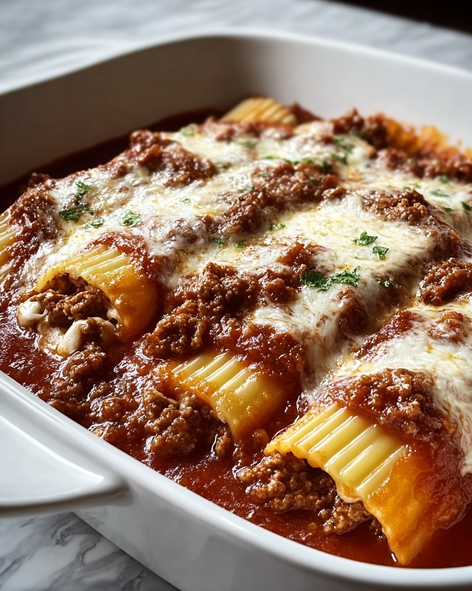 Large white rectangular baking dish filled with a full tray of baked manicotti pasta tubes stuffed generously with seasoned ground meat and ricotta cheese, smothered in rich, thick marinara sauce and topped evenly with melted mozzarella cheese, the entire dish hot and bubbling, photographed from a professional 3/4 angle on a white marble countertop with natural lighting, hero food magazine style photo taken with an iphone --ar 4:5 --v 7