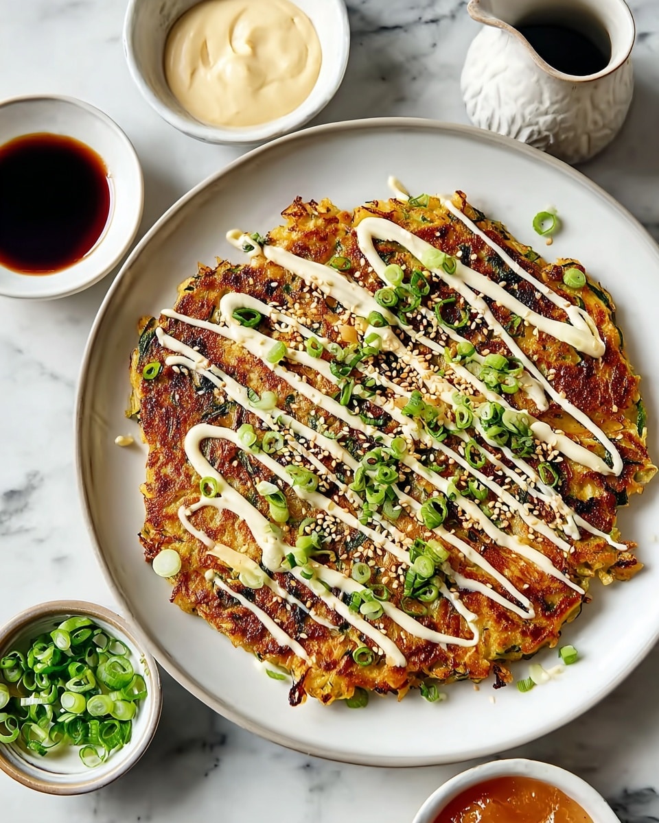 A large white plate showcasing a whole crispy golden-brown vegetable pancake generously drizzled with creamy sauce in diagonal lines, sprinkled with toasted sesame seeds and finely chopped green onions, accompanied by small white bowls with complementary dipping sauces placed nearby, entire dish beautifully arranged and photographed from a 3/4 angle on a white marble countertop with natural lighting, styled like a professional food magazine hero shot photo taken with an iphone --ar 4:5 --v 7