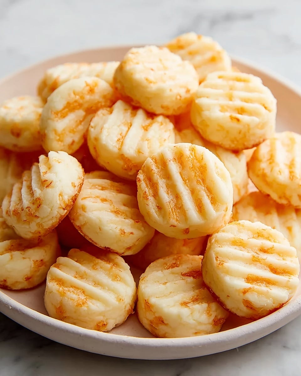 A large white ceramic plate piled high with numerous small round cheese and herb biscuits featuring distinct fork-pressed ridges on top, each biscuit showing a marbled pattern of creamy white dough with golden cheese flecks throughout, arranged to showcase the full batch uncut and complete, photographed from a 3/4 angle on a white marble countertop with natural lighting, styled as a hero shot from a food magazine, photo taken with an iphone --ar 4:5 --v 7