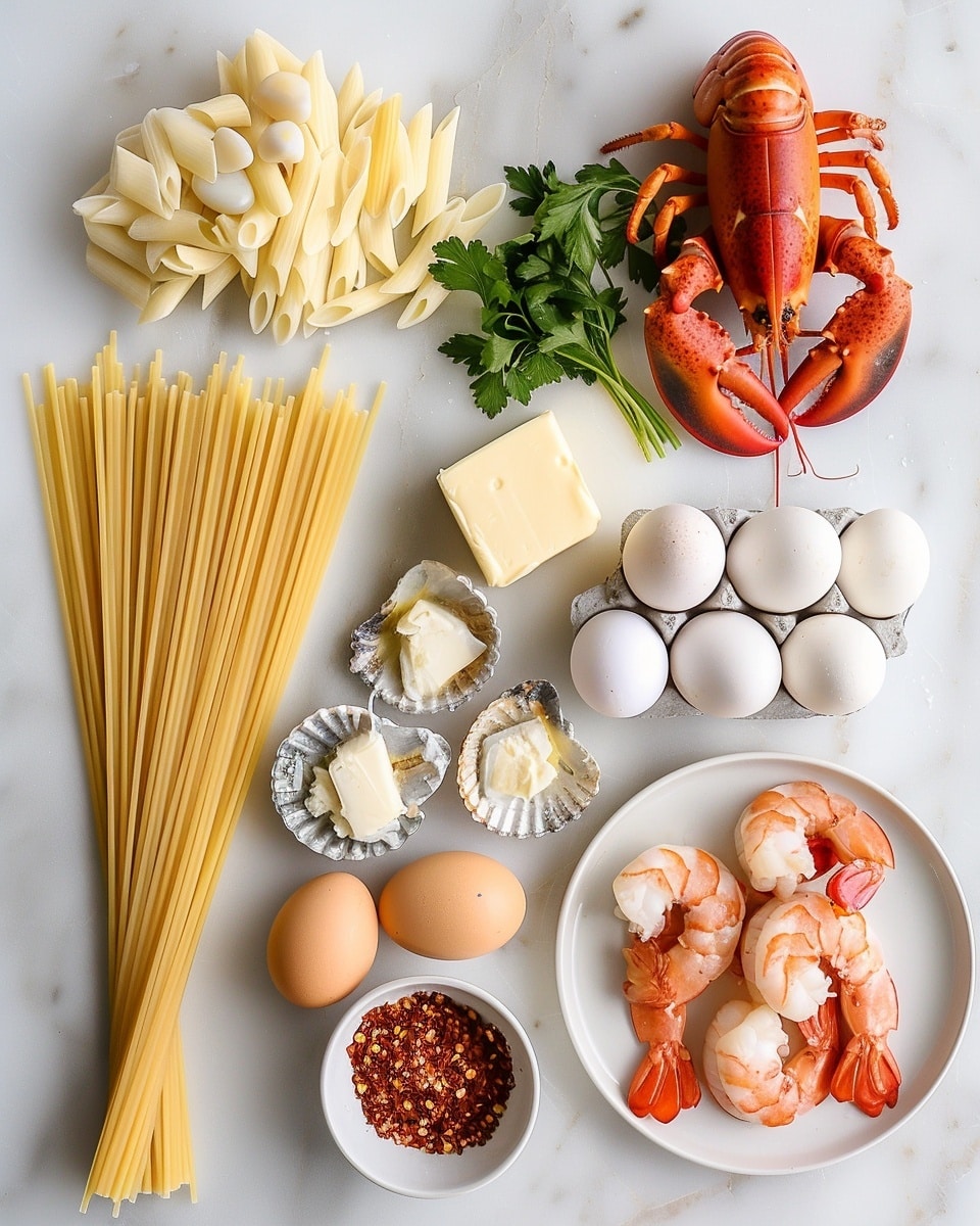 Single white plate featuring a plated serving of creamy lobster pasta, showcasing a generous mound of linguine coated in a rich, velvety sauce, topped with succulent chunks of lobster meat and sprinkled with finely chopped fresh parsley and crushed red pepper flakes for color contrast, the tender lobster pieces revealing their delicate texture, shot close-up at an angled view to emphasize the luscious sauce and pasta strands, set against a white marble background with natural lighting, styled as a refined food blog presentation, photo taken with an iphone --ar 4:5 --v 7