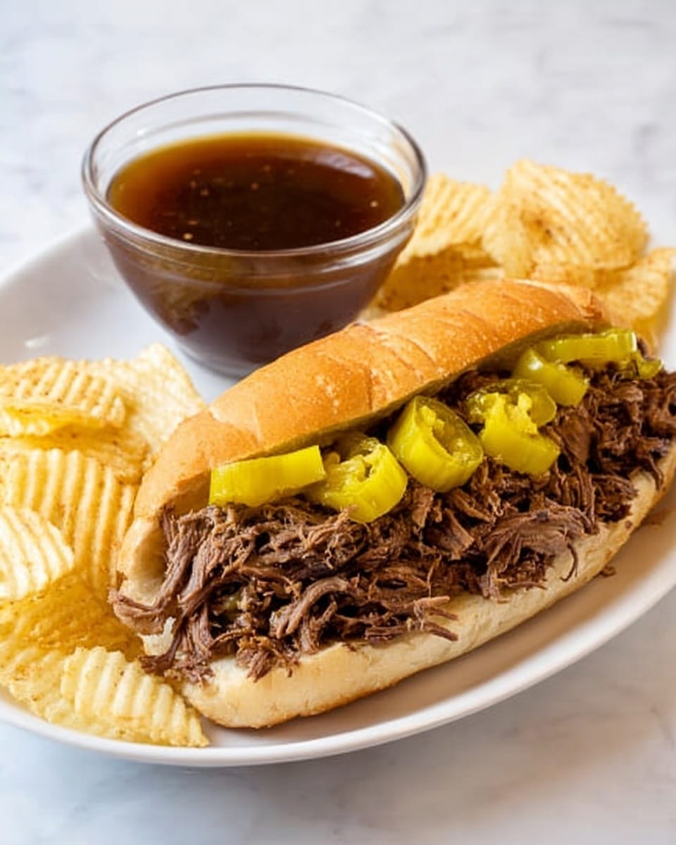A large white oval platter showcasing a full Italian beef sandwich loaf, generously stuffed with tender, shredded seasoned beef piled high inside a fresh submarine roll, topped with whole bright yellow pepperoncini peppers evenly spaced along the length, accompanied by a large clear glass bowl of rich au jus dipping sauce beside it, with a neat stack of crispy ridged potato chips on the side, all placed on a white marble countertop under natural light, captured from a professional 3/4 angle food magazine hero shot, photo taken with an iphone --ar 4:5 --v 7