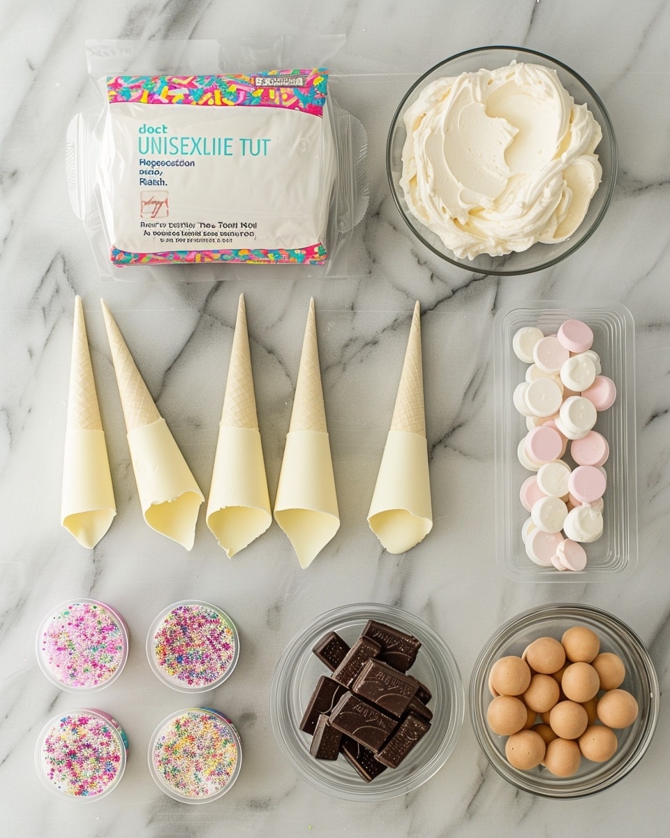 Single white ceramic plate holding one small waffle cone filled with a scoop of white ice cream coated in a smooth pink glaze topped with colorful round sprinkles, close-up angled view revealing the glossy texture of the glaze and the creamy interior of the ice cream beneath, set against a white marble background with soft natural lighting, styled as a delicate plated serving photo taken with an iphone --ar 4:5 --v 7