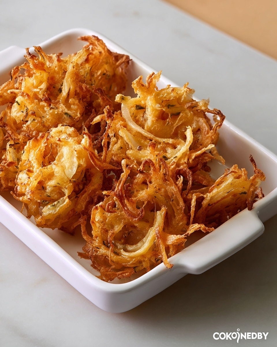 White rectangular baking dish filled with a whole batch of golden, crispy onion and vegetable fritters, perfectly fried to a crunchy texture and piled high, showcasing their irregular shapes and delicate strands of fried batter and vegetables, placed on a white marble countertop under natural lighting, professional food magazine style hero shot from a slight 3/4 angle capturing the entire dish --ar 4:5 --v 7