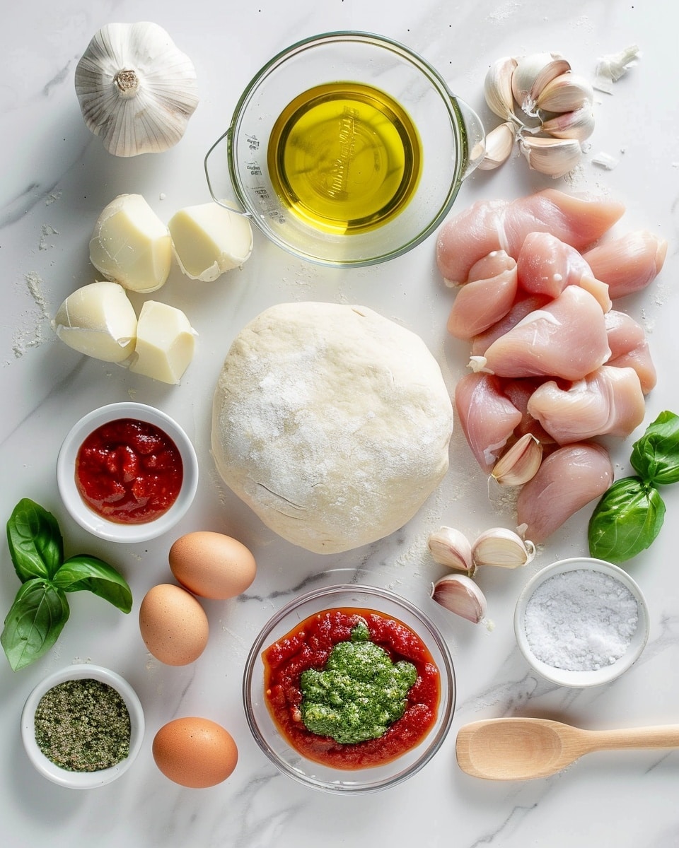 Single white plate showcasing one half of a golden-baked calzone revealing a tender interior filled with chunky tomato sauce and pieces of seasoned chicken, garnished with a light sprinkle of grated cheese and fresh basil leaves, accompanied by a small dollop of vibrant red marinara sauce on the side, natural lighting highlighting the glossy crust texture, set on a white marble background, intimate close-up angled shot emphasizing the layers and filling, plated serving photo taken with an iphone --ar 4:5 --v 7