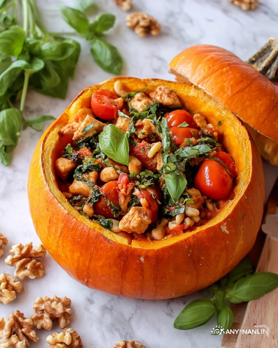 A whole baked pumpkin hollowed out and filled generously with a vibrant mixture of seasoned chicken pieces, cherry tomatoes, fresh herbs, and crunchy walnuts, all presented inside the pumpkin shell with its lid resting beside it on a white marble countertop, garnished with fresh basil leaves and surrounded by additional walnuts and sprigs of herbs, captured in natural light with a professional 3/4 angle food magazine style shot, photo taken with an iphone --ar 4:5 --v 7