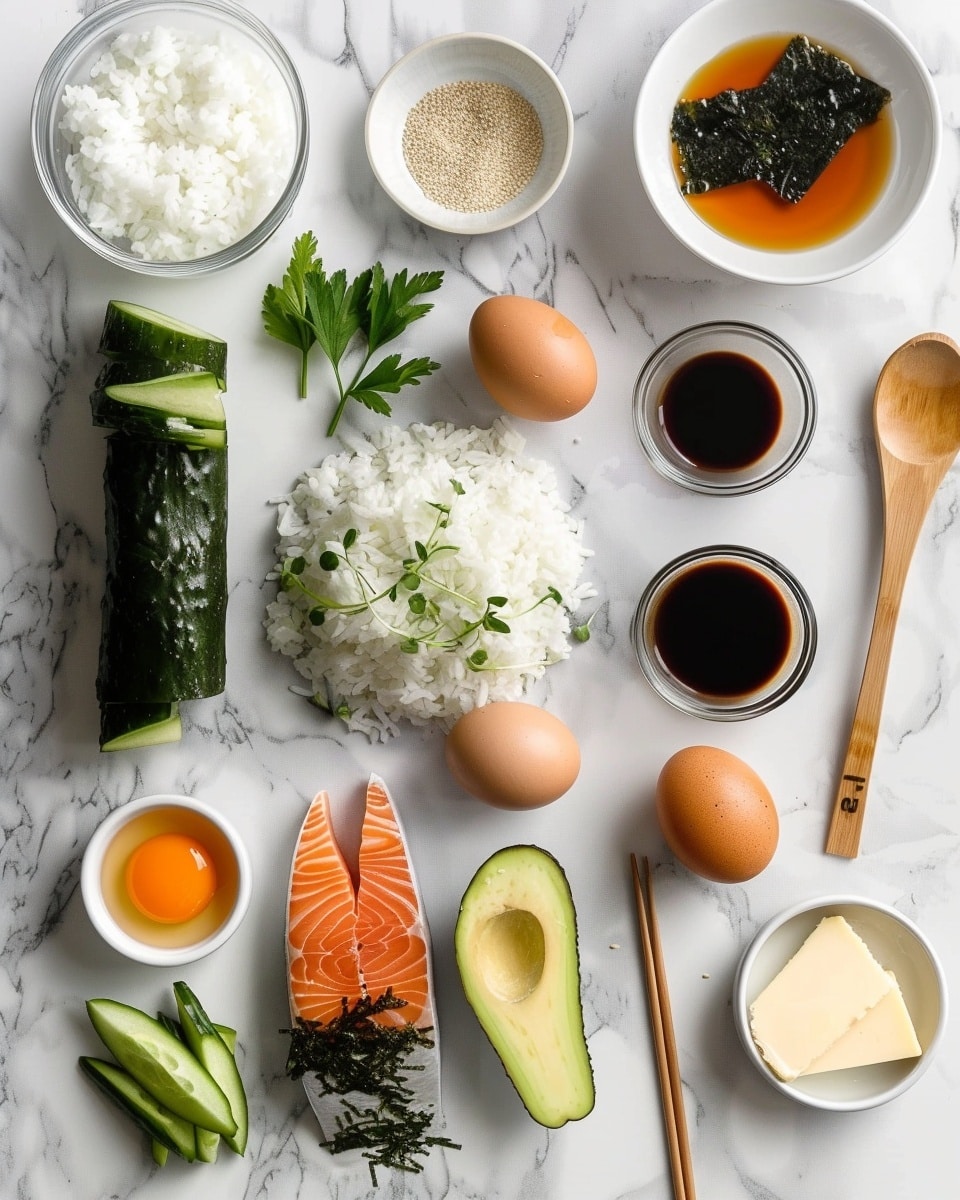 A single white plate displaying one slice of a sushi roll cake, featuring a cross-section of tender pink salmon layered smoothly over packed white sushi rice, visible nori seaweed inside along with a bright orange filling, topped with thin cucumber slices, finely chopped green herbs, small dollops of wasabi, and red seasoning flakes, shot close-up at an angle that reveals the interior textures and layers, resting on a white marble surface with natural lighting, styled like an elegant individual serving from a food blog, photo taken with an iphone --ar 4:5 --v 7